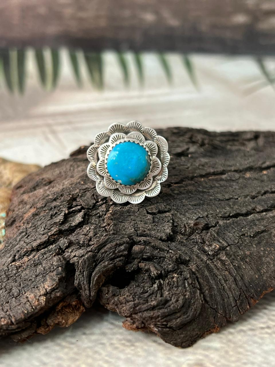 Handmade Sterling Silver Blue Kingman Turquoise Adjustable Ring "Signed Nizhoni"