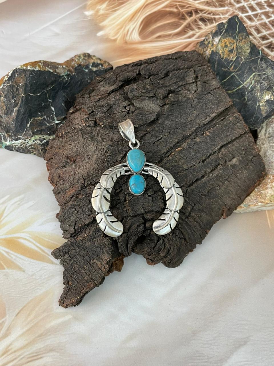 Handmade Sterling Silver Kingman Turquoise Naja Pendant "Signed Nizhoni"