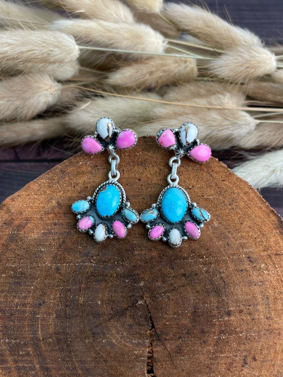 Handmade Sterling Silver Sierra Bella Turquoise with Cotton Candy Collection: Post Dangle Earrings "Signed Nizhoni"