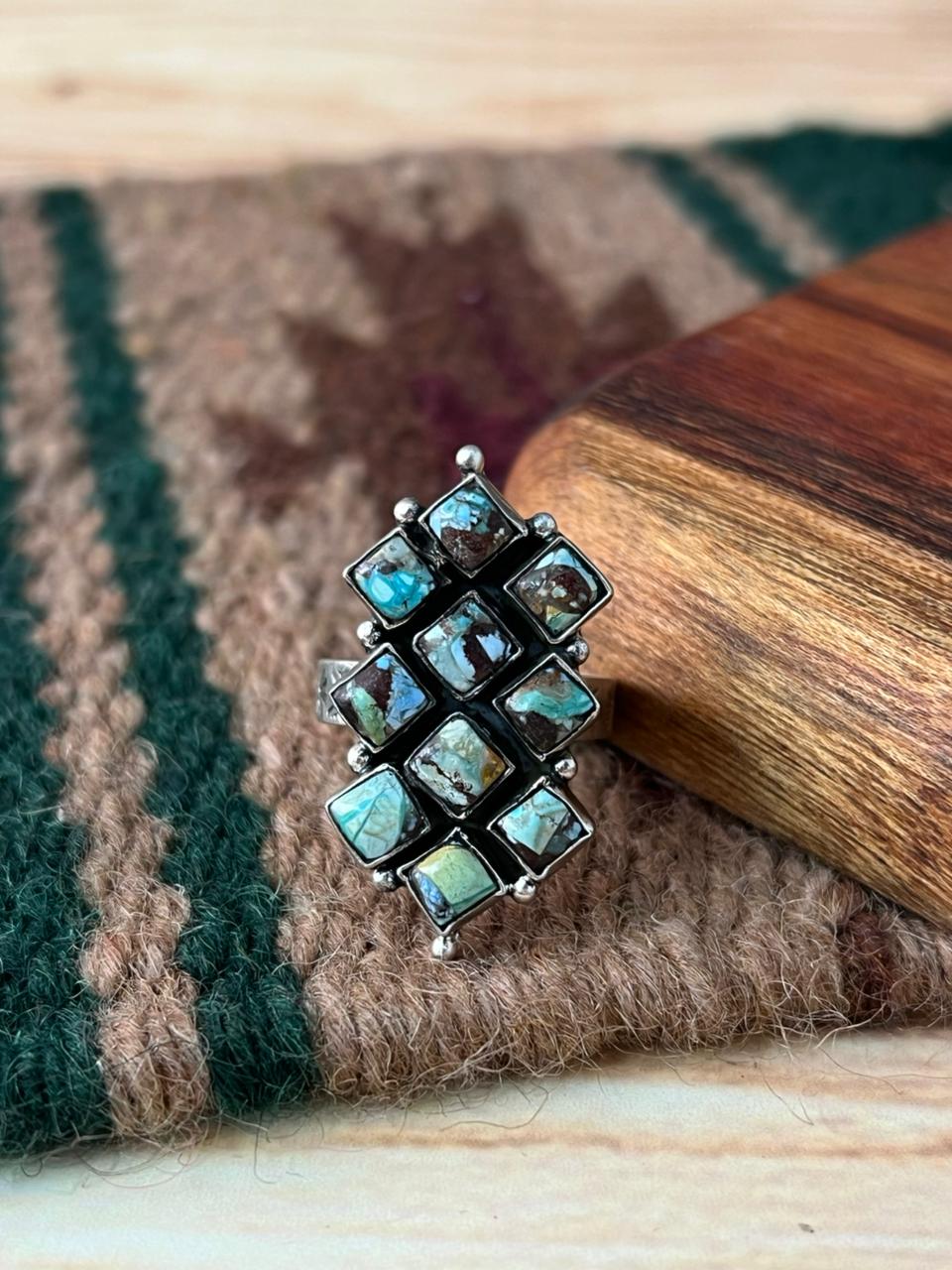 Handmade Sterling Silver Matrix Golden Hills Turquoise Adjustable Ring "Signed Nizhoni"