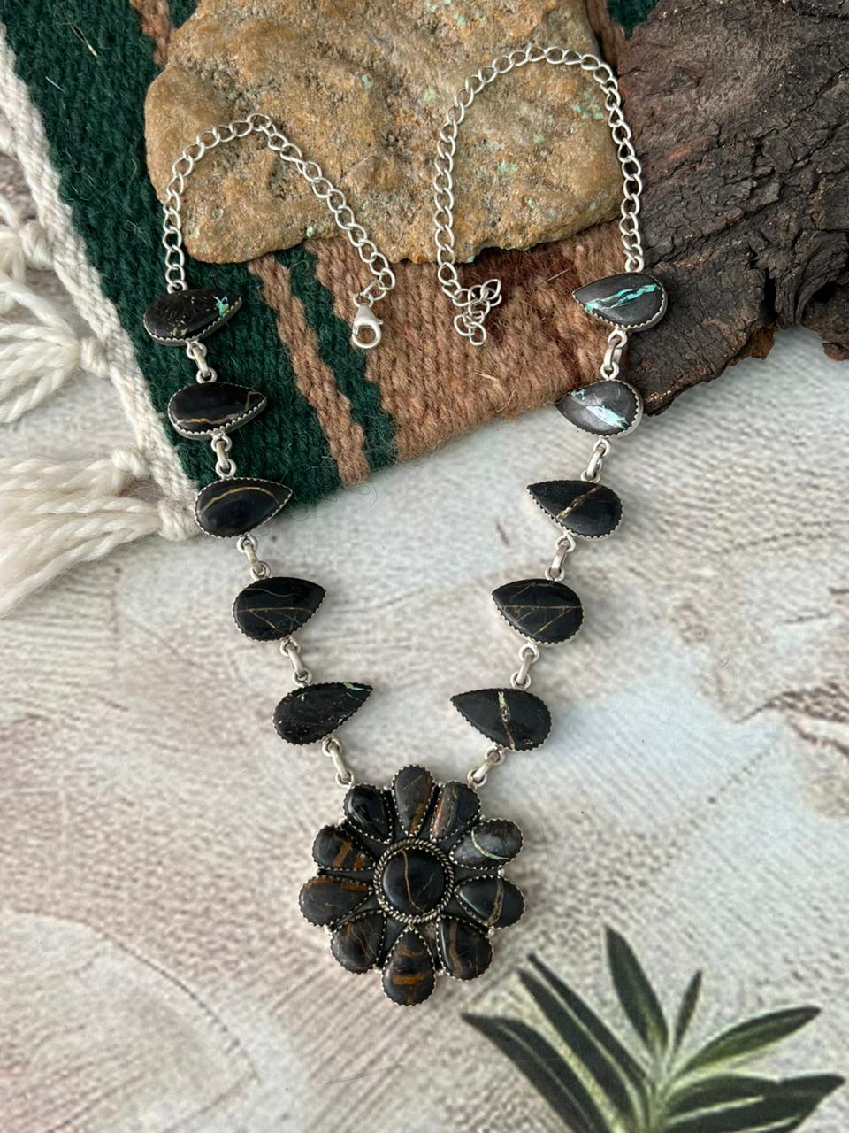 Handmade Sterling Silver Blackjack Turquoise Necklace "Signed Nizhoni"
