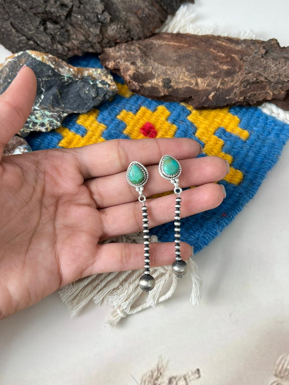 Handmade Sterling Silver Beaded Kingman Turquoise Post Dangle Earrings "Signed Nizhoni"