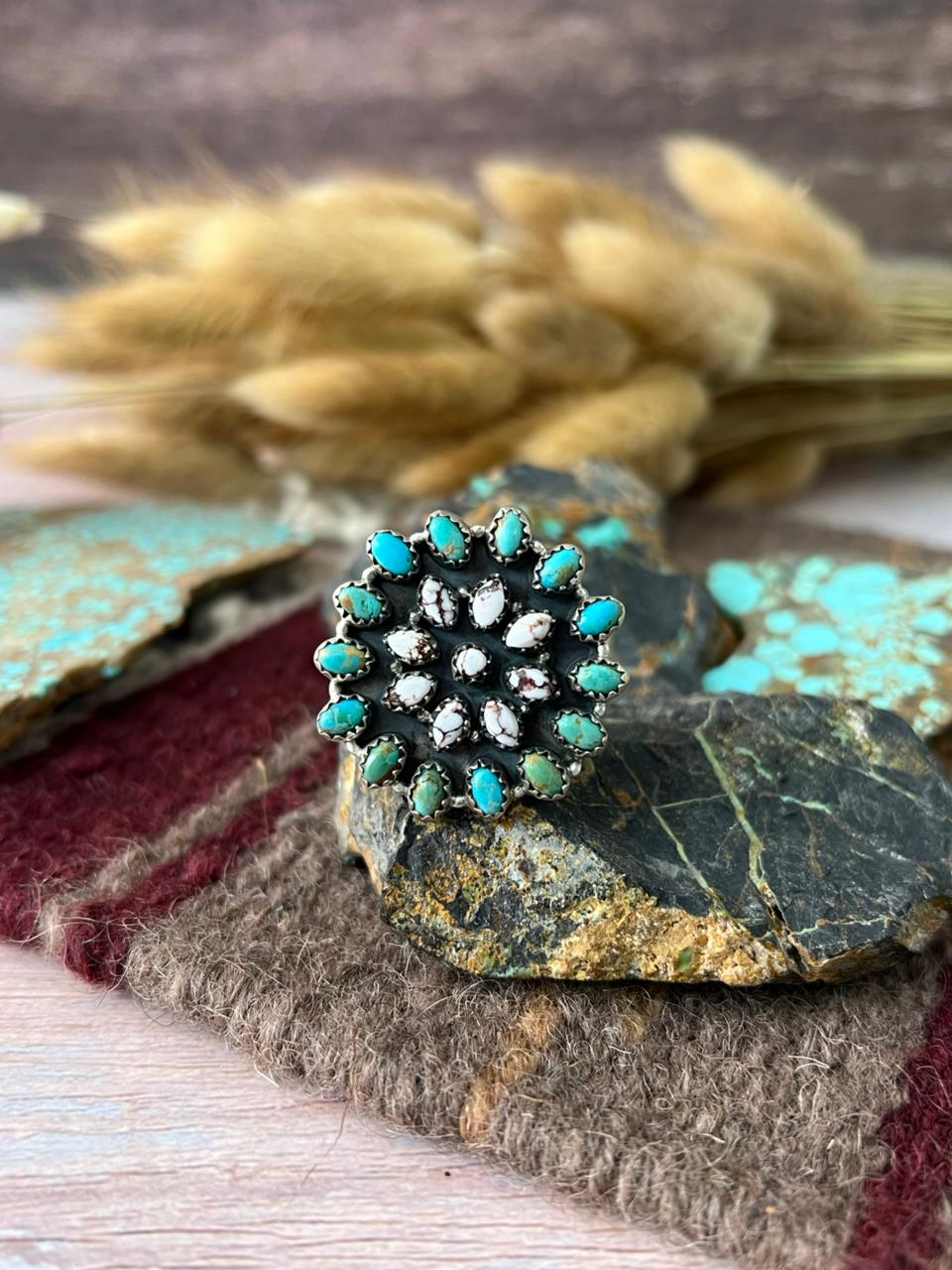 Handmade Sterling Silver Kingman with Wildhorse Magnesite Adjusatble Ring "Signed Nizhoni"