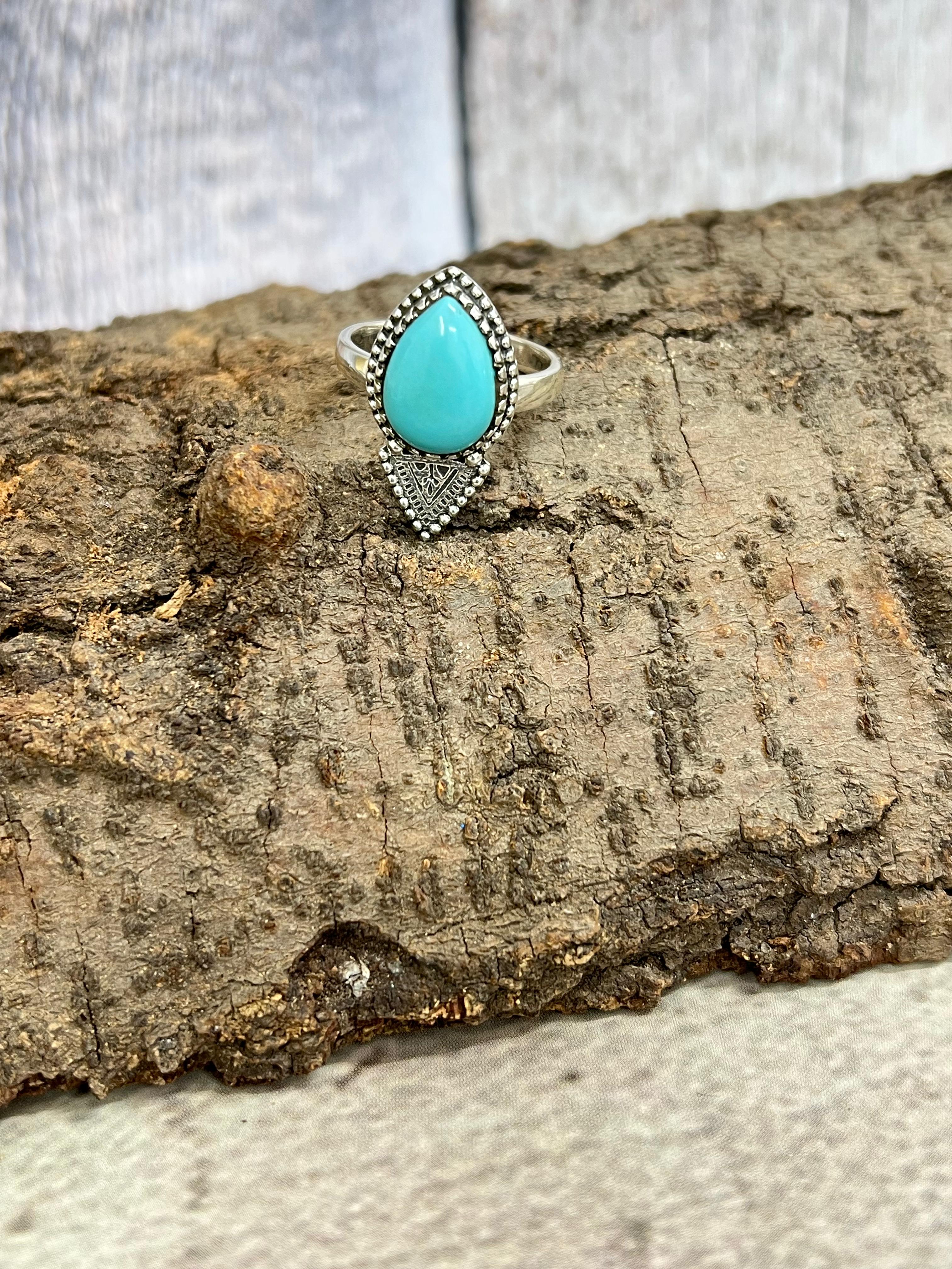 Handmade Sterling Silver Kingman Turquoise Ring with Signed Nizhoni Size 8.5