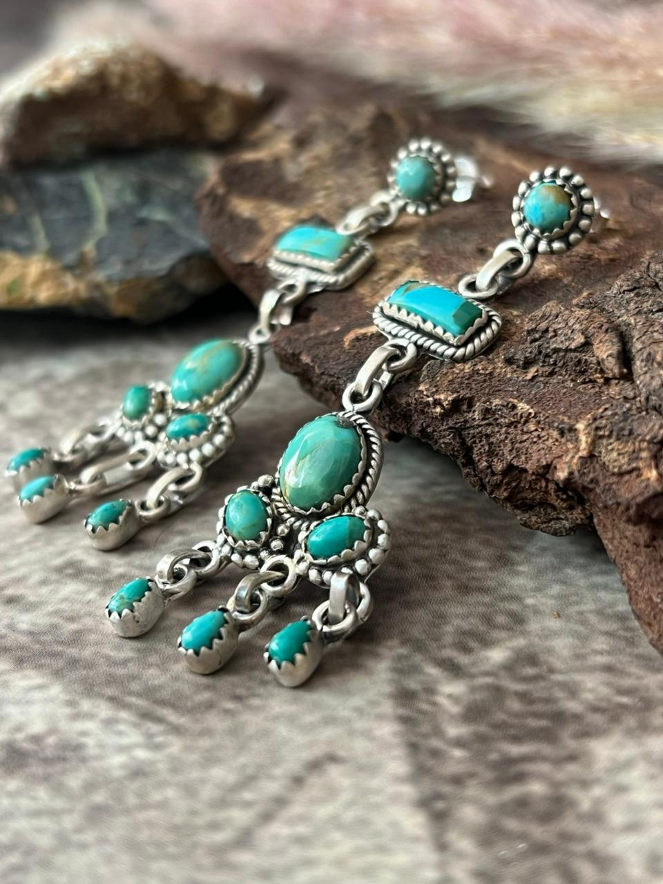 Handmade Sterling Silver Kingman Turquoise Post Dangle Earrings "Signed Nizhoni"