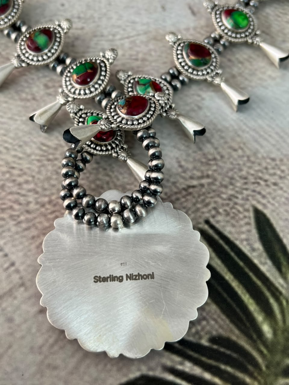 Handmade Sterling Silver Christmas Dahlia Collection: Beaded Squash Blossom Necklace Signed Nizhoni