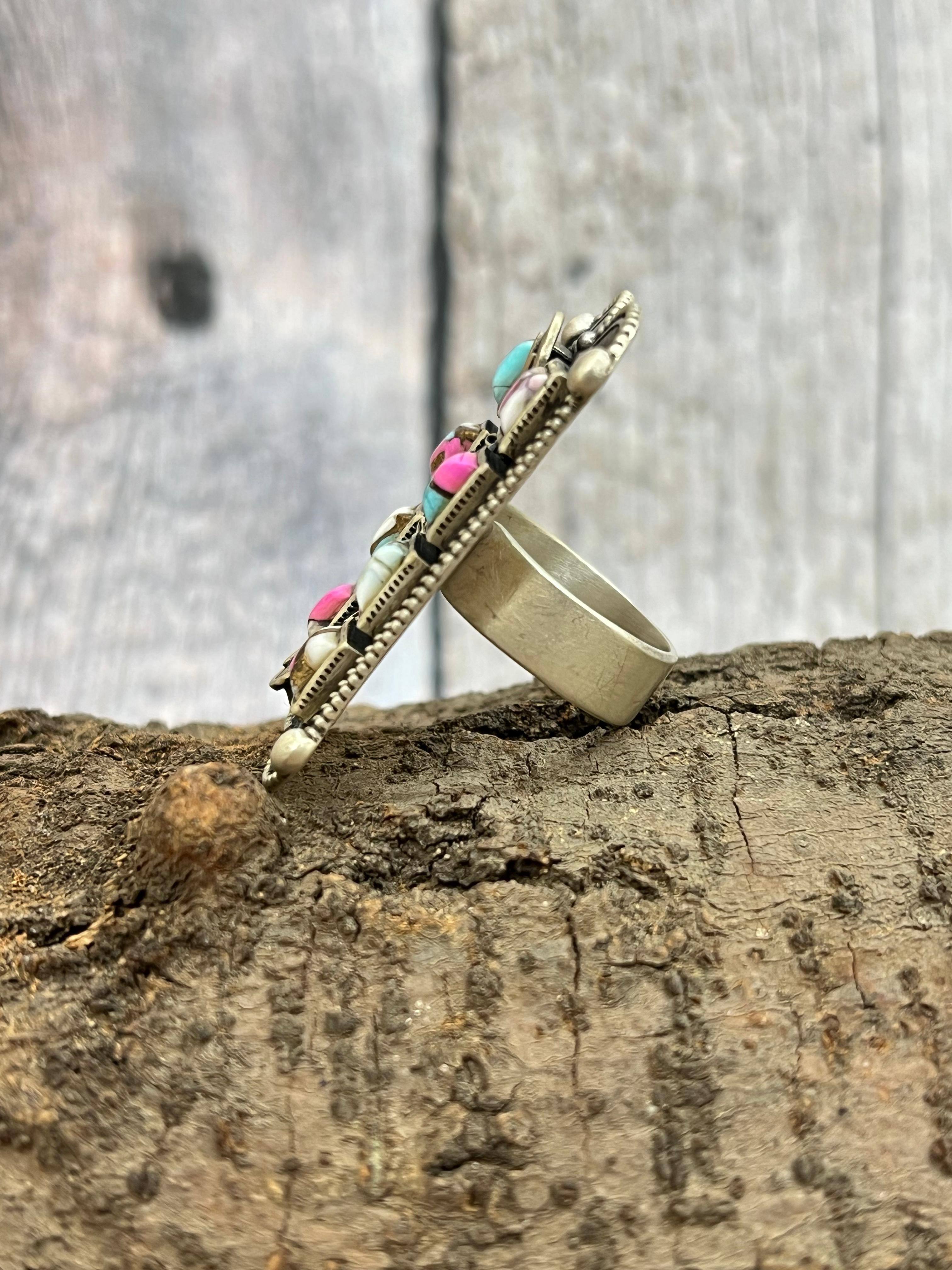Handmade Sterling Silver Cotton Candy Turquoise Adjustable Rings with Signed Nizhoni