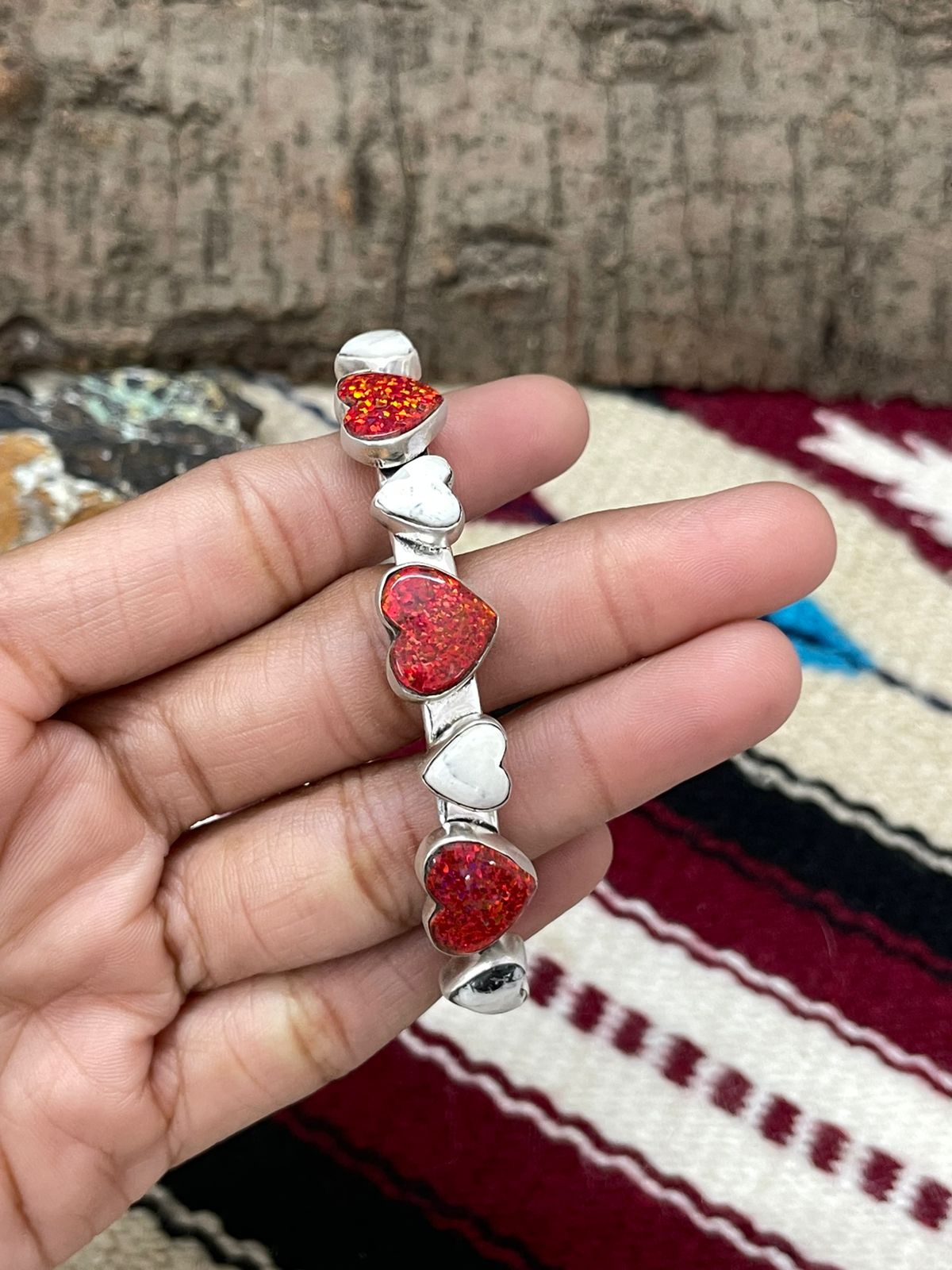 "Christmas Collection" Handmade Sterling Silver White Buffalo With Red Opal Heart Cuff Bracelet "Signed Nizhoni"