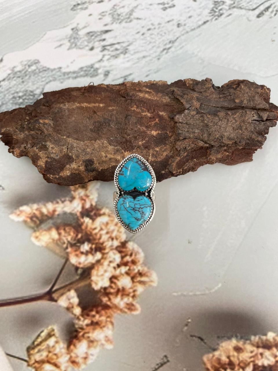 Handmade Sterling Silver Arizona Turquoise Heart Adjustable Ring "Signed Nizhoni"