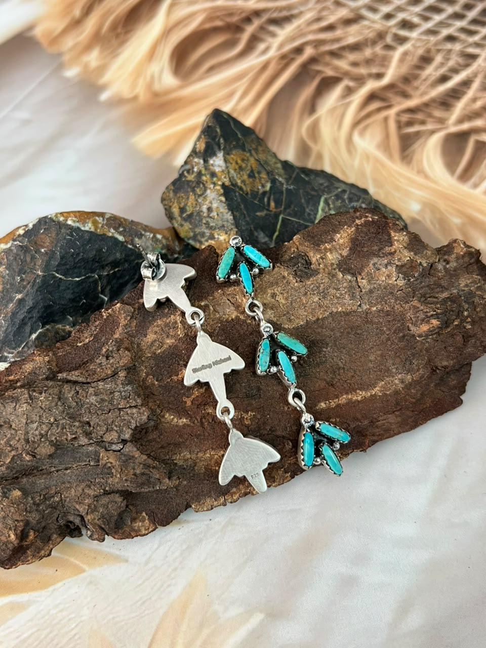 Handmade Sterling Silver Kingman Turquoise Post Dangle Earrings Signed Nizhoni (4)