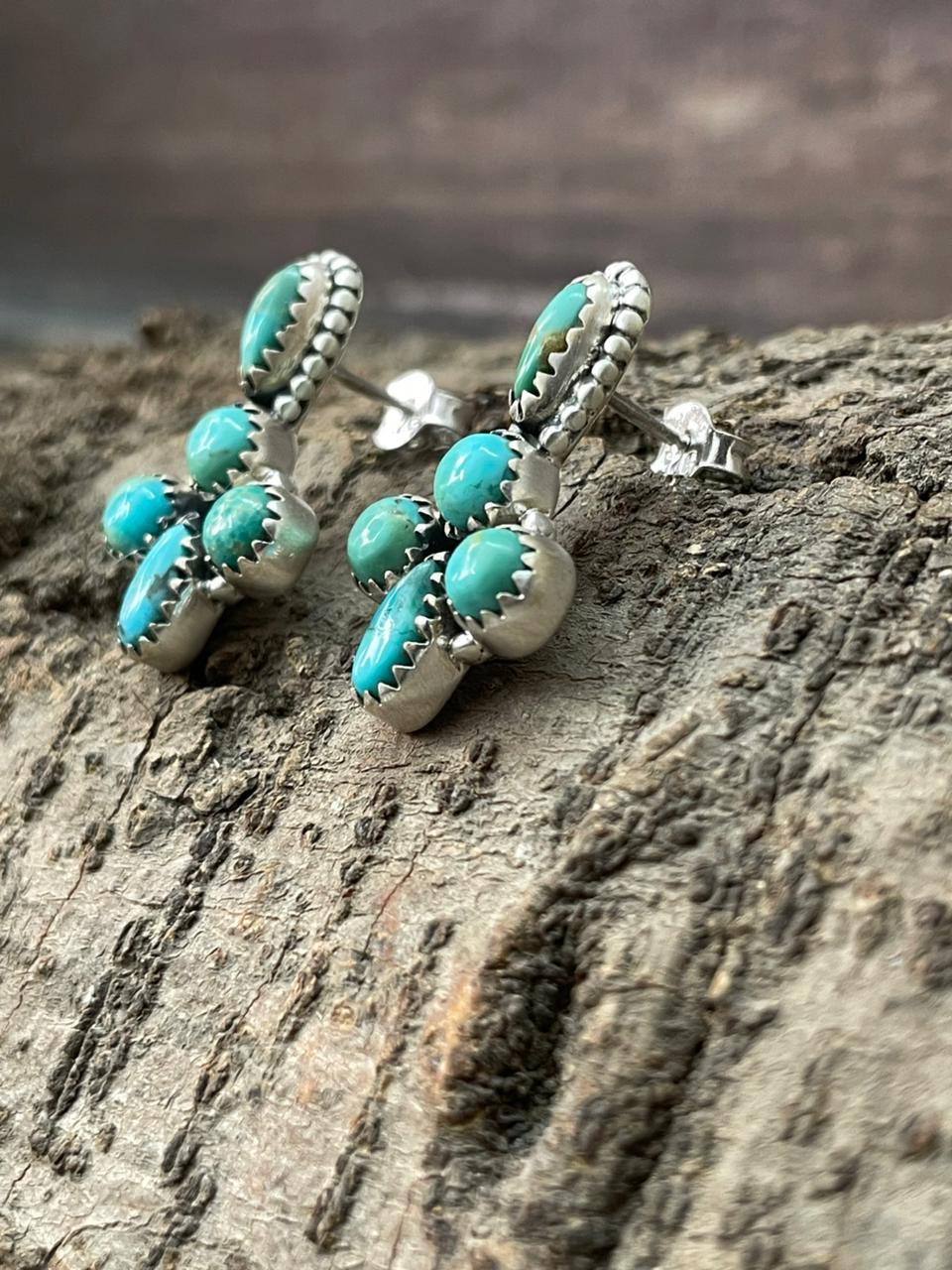 Handmade Sterling Silver Kingman Turquoise Post Dangle Earrings "Signed Nizhoni"