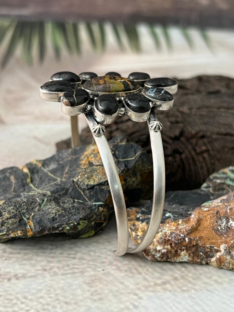 Handmade Sterling Silver Blackjack Turquoise Cuff Bracelet "Signed Nizhoni"