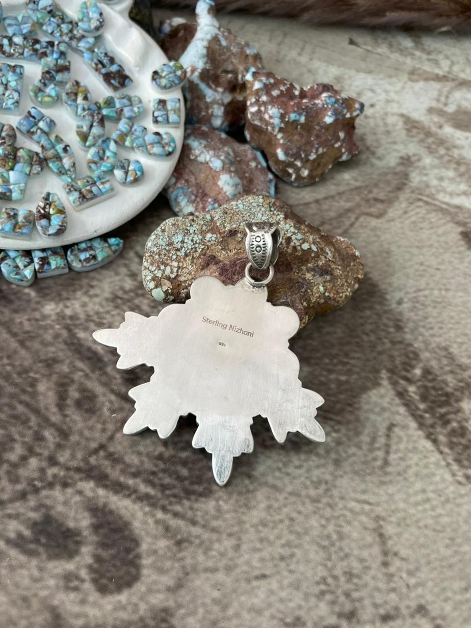 Handmade Sterling Silver Golden Hills Turquoise Cobble Collection Pendant "Signed Nizhoni"
