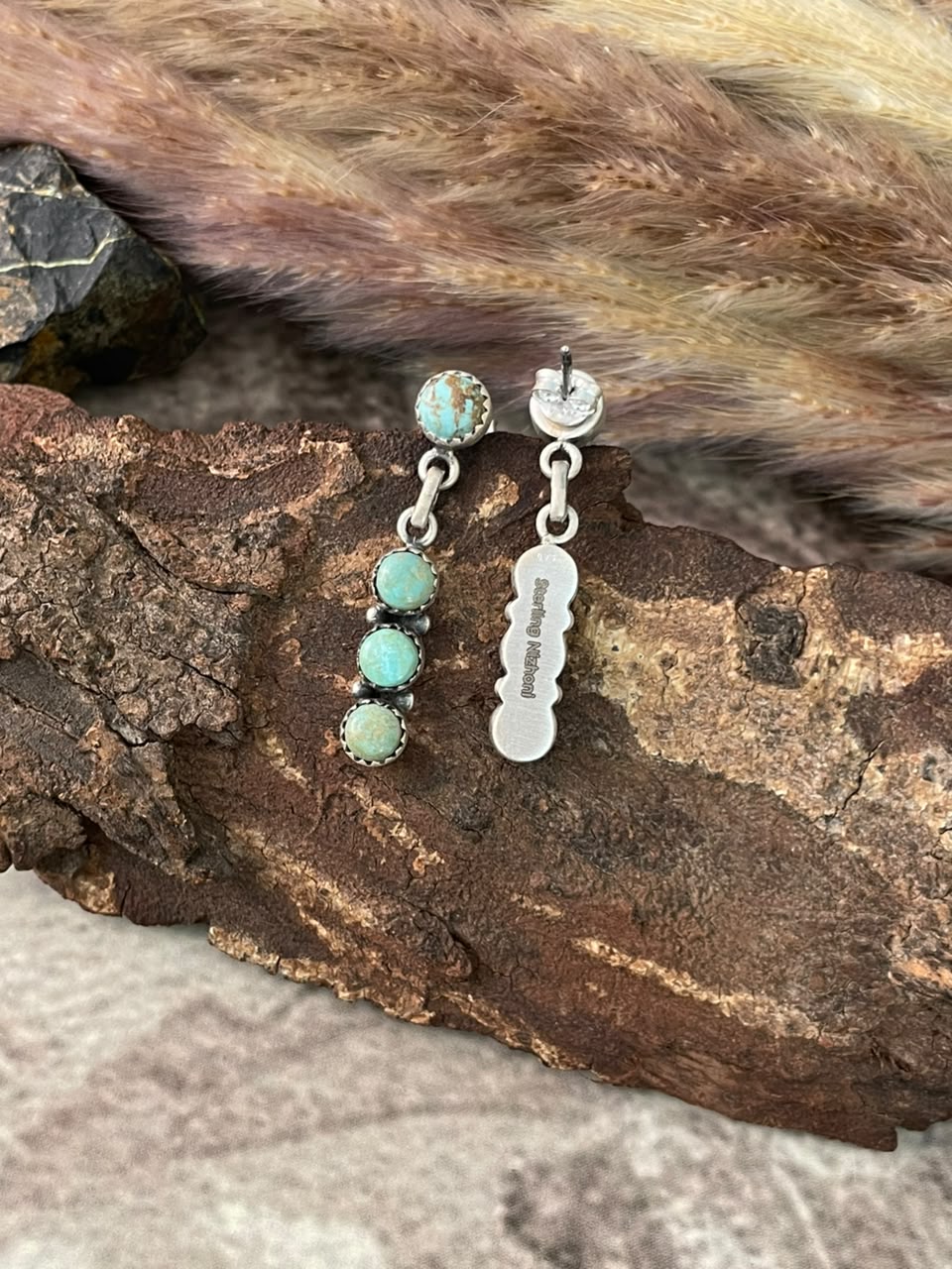 Handmade Sterling Silver Number 8 Turquoise Collection: Post Dangle Earrings Signed Nizhoni