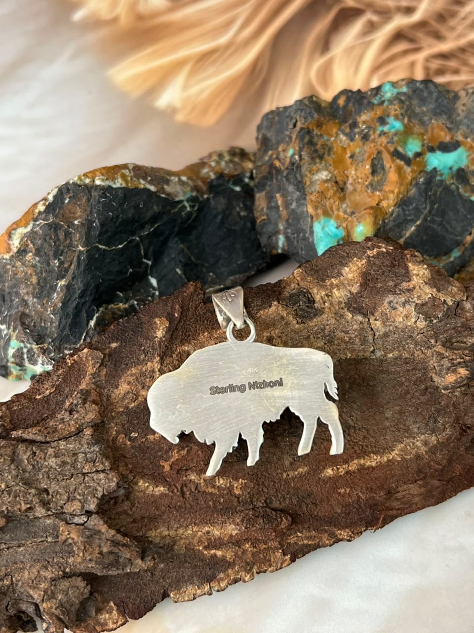 Handmade Sterling Silver Kingman Turquoise Bison Pendant Signed Nizhoni