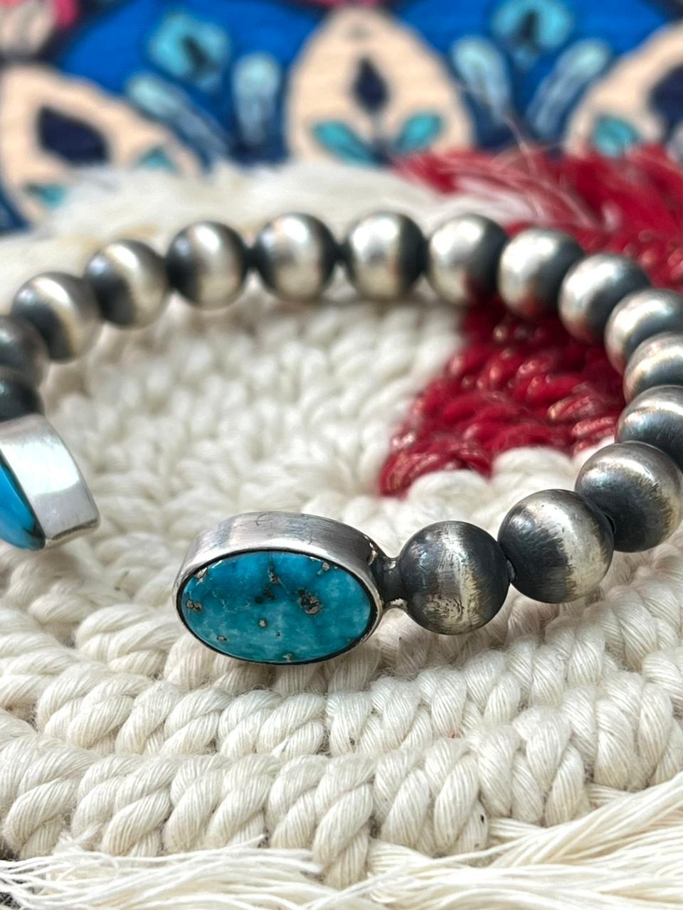 Handmade Sterling Silver Beaded Arizona Blue Turquoise Cuff Bracelet "Signed Nizhoni"