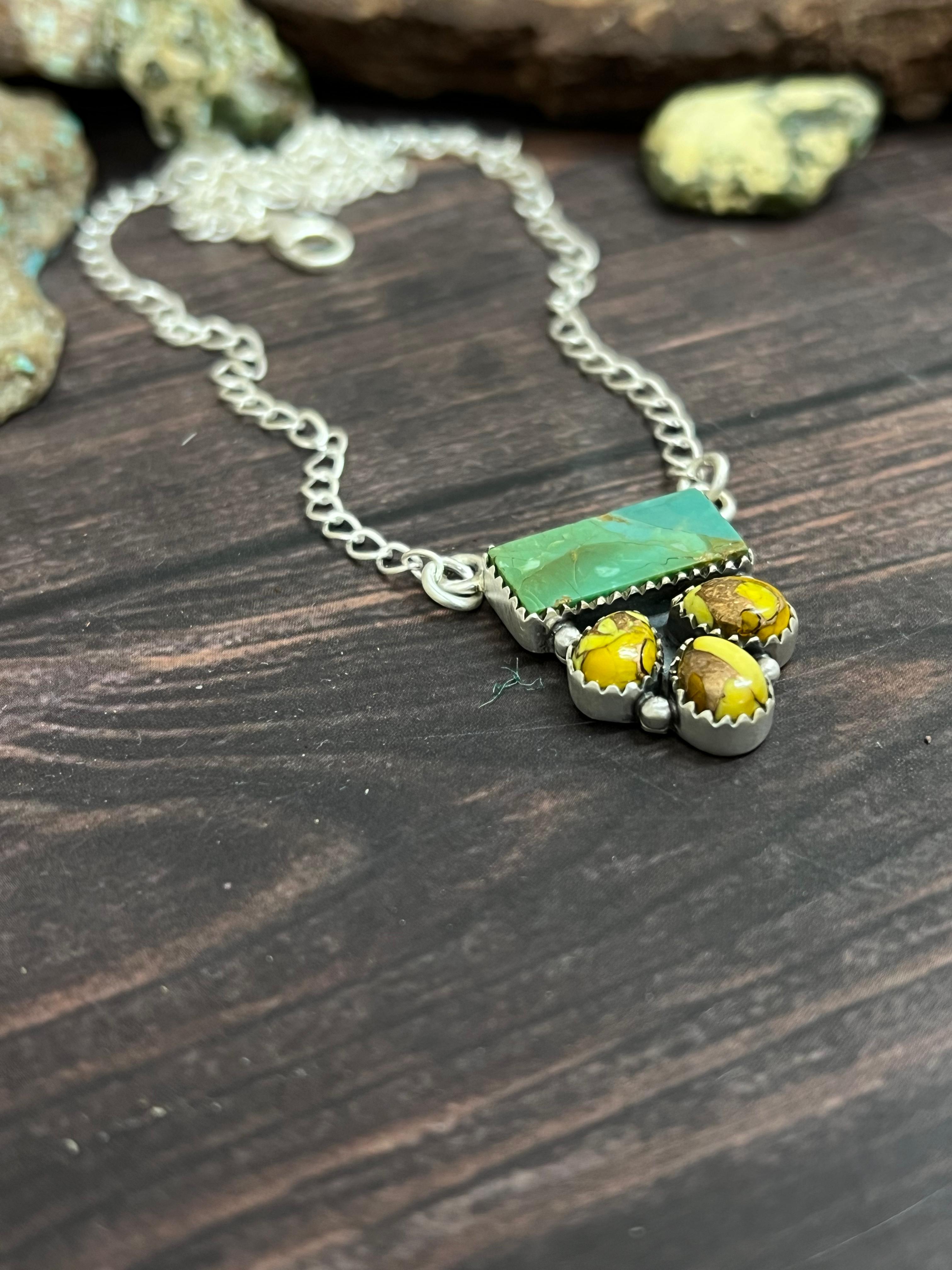 Handmade Sterling Silver Kingman with Honey Dahlia Necklace with Signed Nizhoni