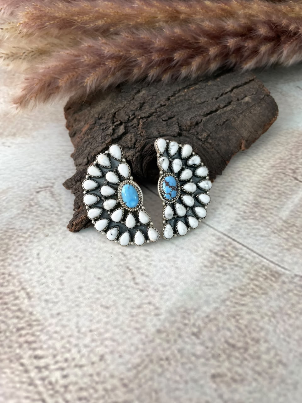 Handmade Sterling Silver Golden Hills Turquoise with White Buffalo Post Studs Earrings Signed Nizhoni (3)