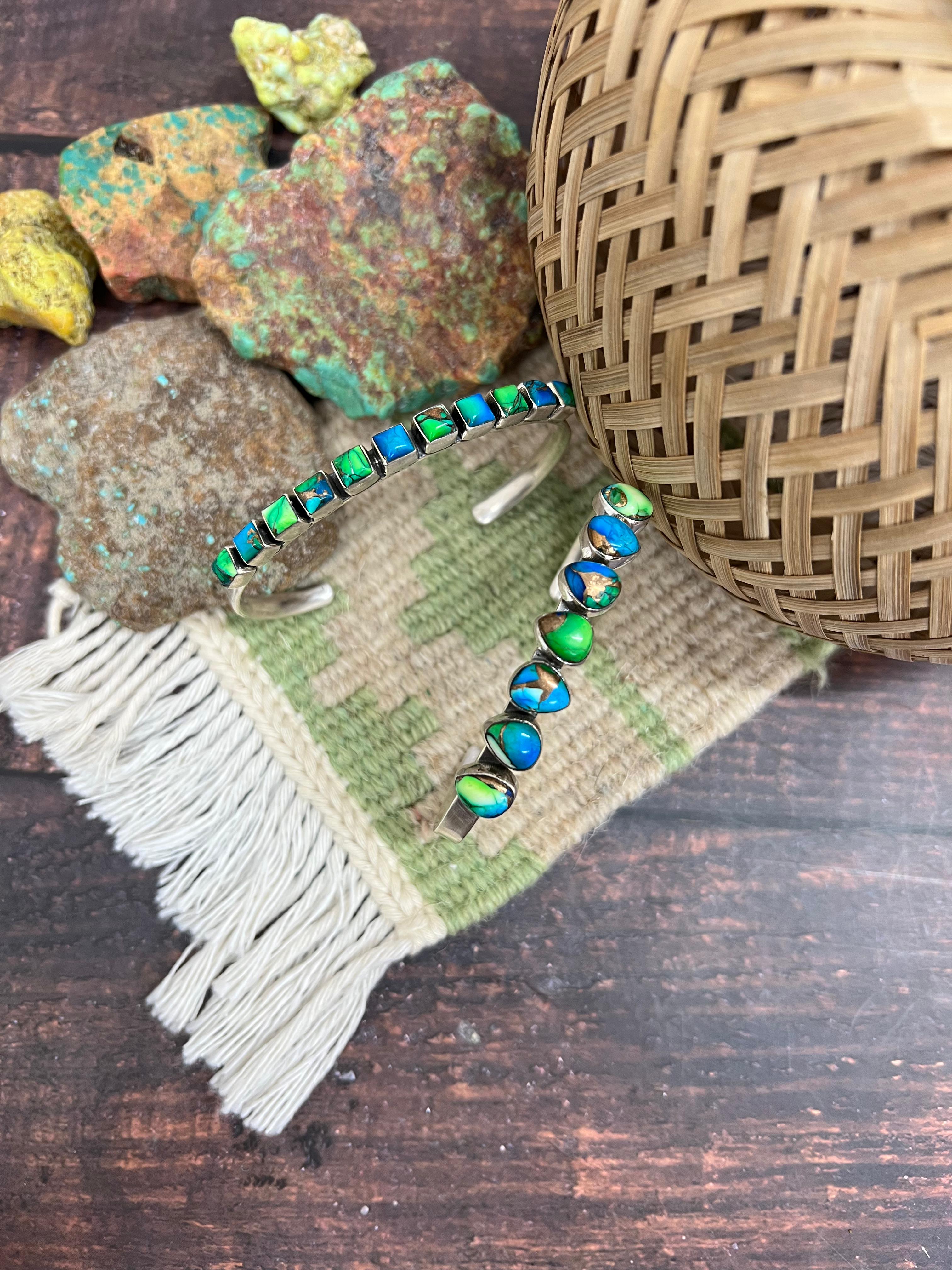 Handmade Sterling Silver Peacock Dahlia Cuff Bracelet with Signed Nizhoni