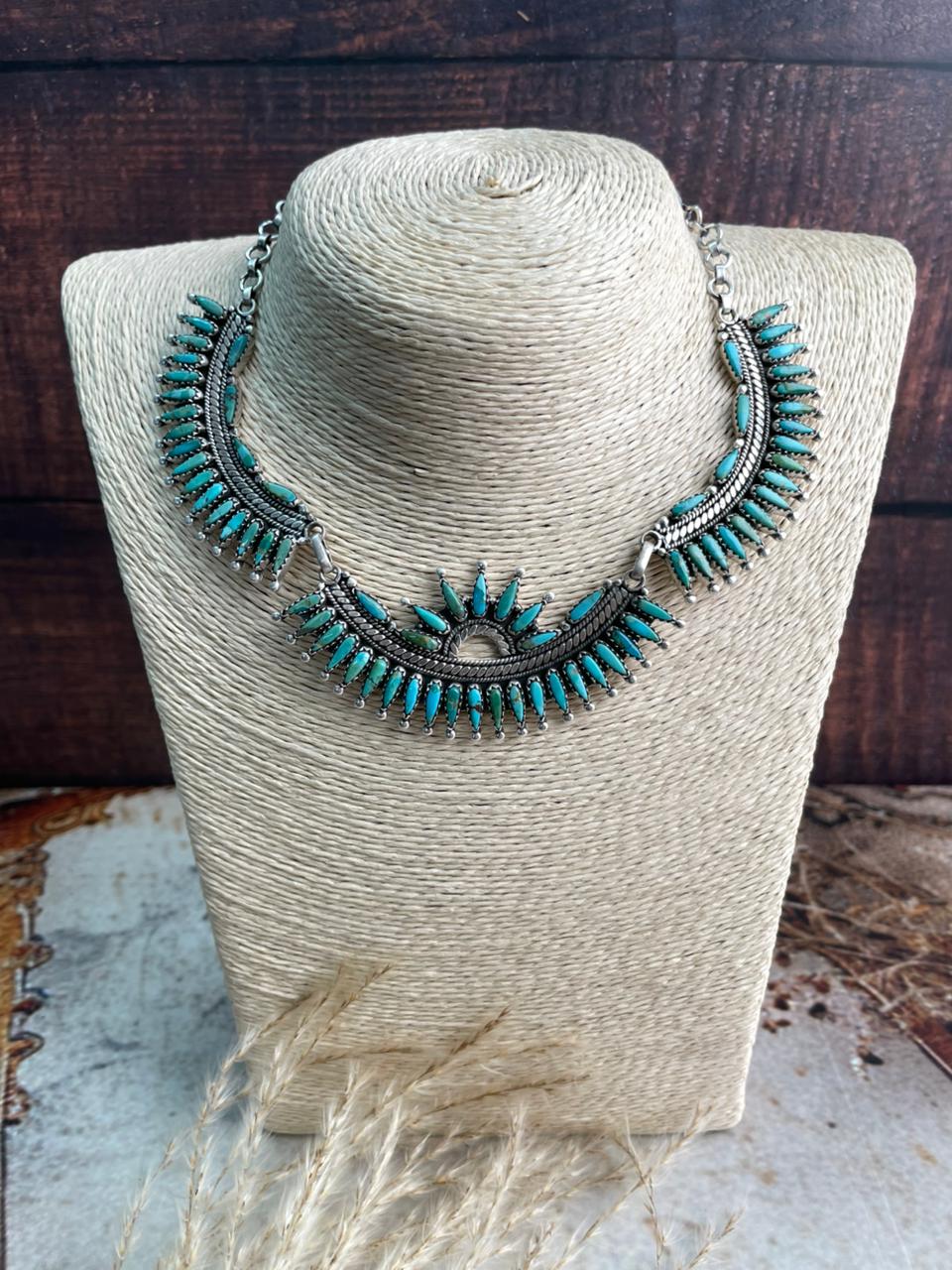 Handmade Sterling Silver Needle Collection: Kingman Turquoise Necklace Earrings Ring Set "Signed Nizhoni"