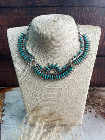 Handmade Sterling Silver Needle Collection: Kingman Turquoise Necklace Earrings Ring Set "Signed Nizhoni"