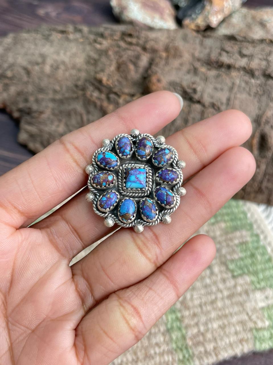 Handmade Sterling Silver Purple Copper Turquoise Adjustable Ring "Signed Nizhoni"