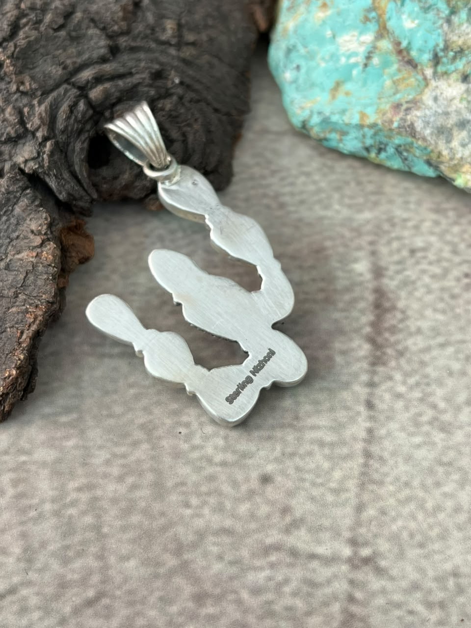 Handmade Sterling Silver Campitos Turquoise Collection: Cactus Pendant Signed Nizhoni