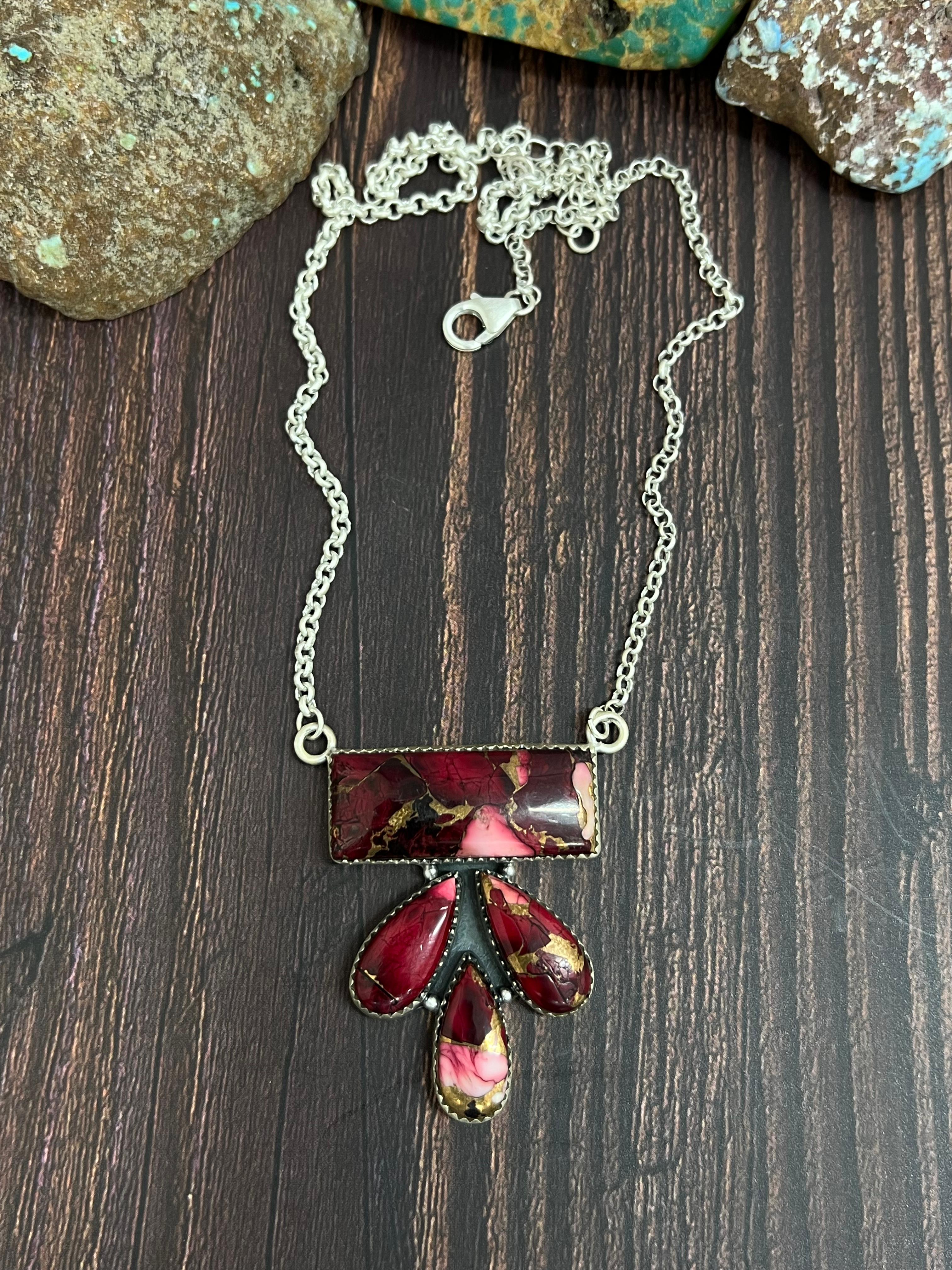 Handmade Sterling Silver Dahlia Rose Necklace with Signed Nizhoni