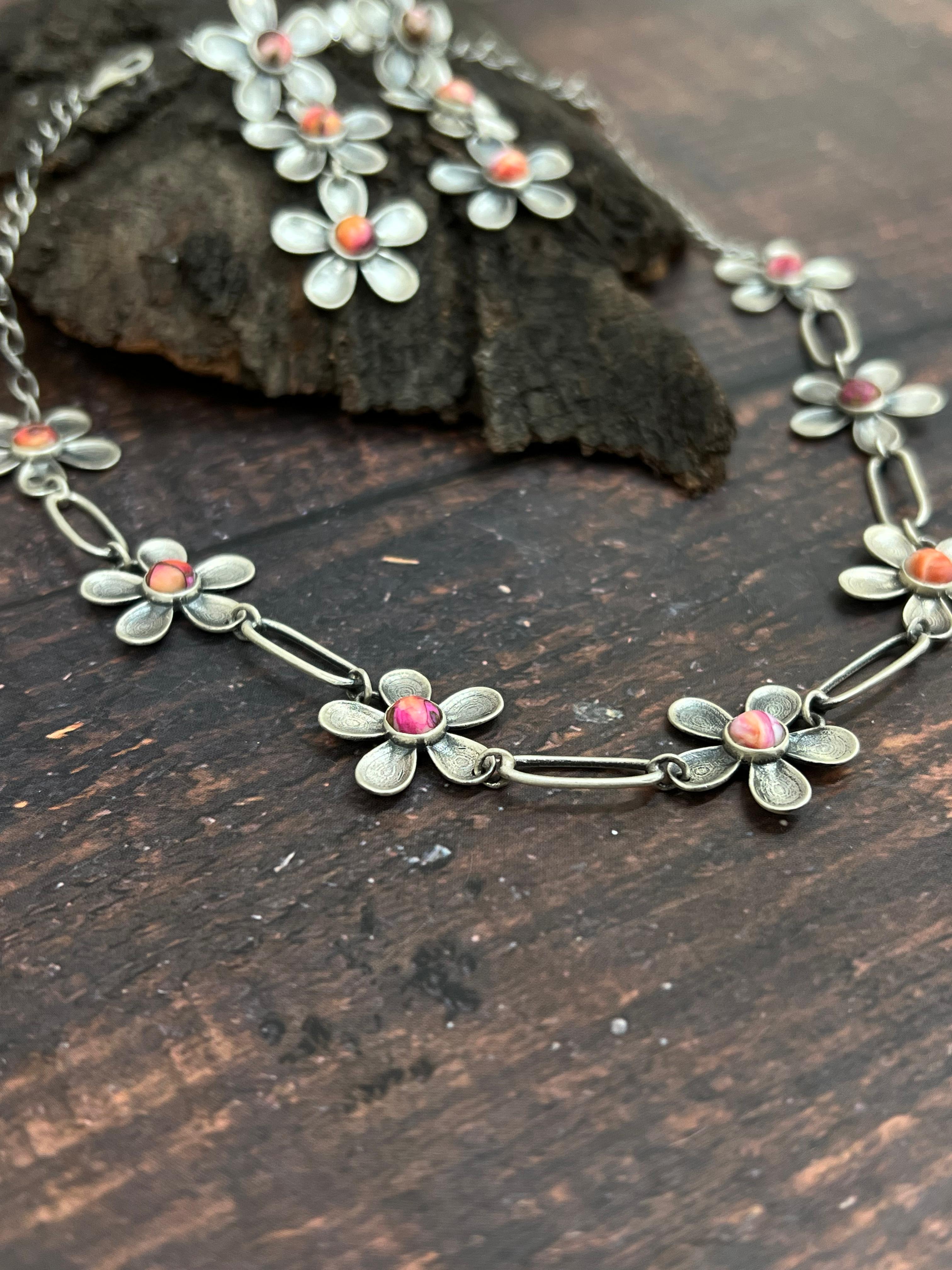 Handmade Sterling Silver Pink Dream Mojave Daisy Necklace Earrings & Bracelet Set with Signed Nizhoni