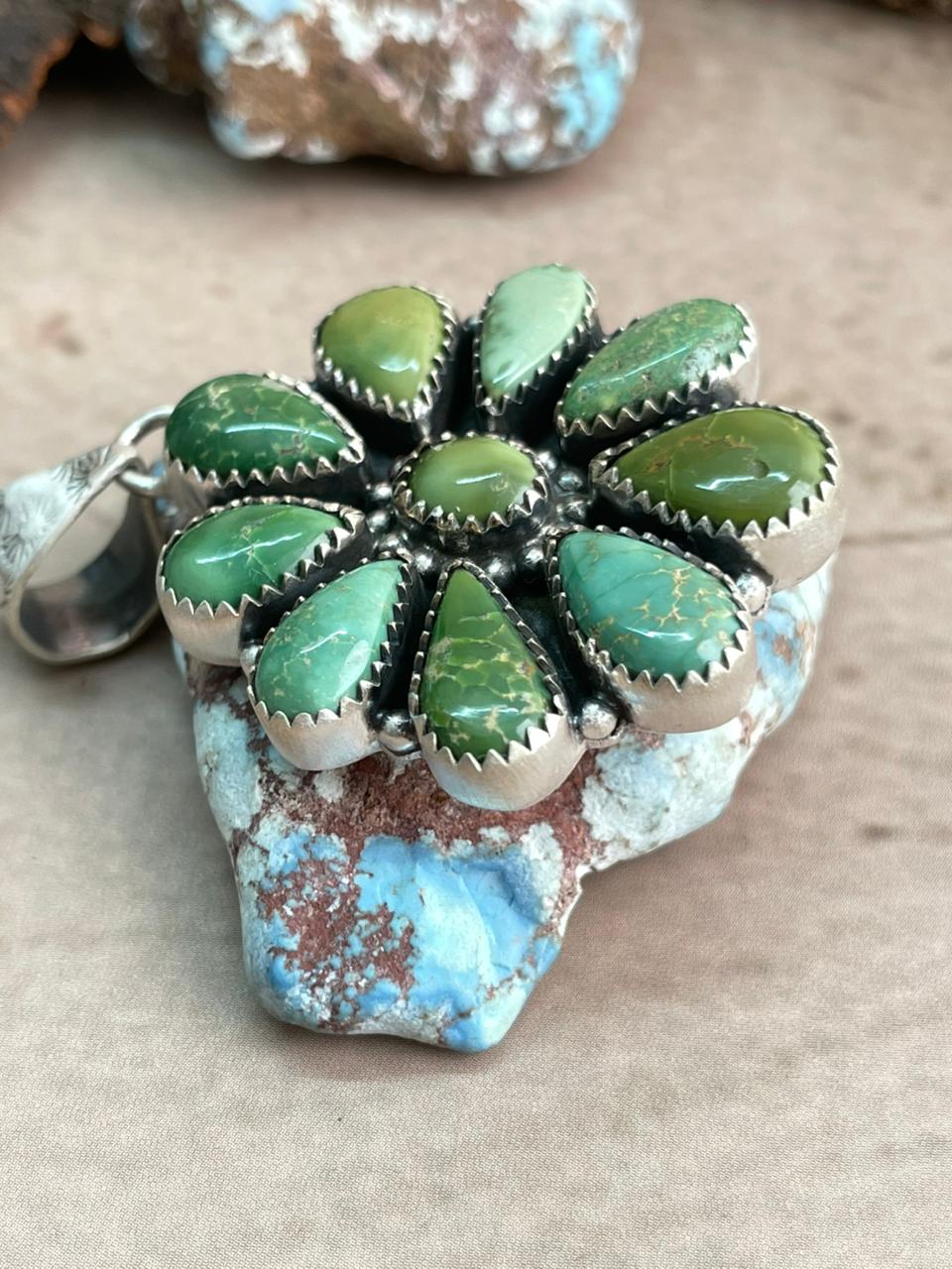 Handmade Sterling Silver Emerald Valley Turquoise Pendant with Signed Nizhoni