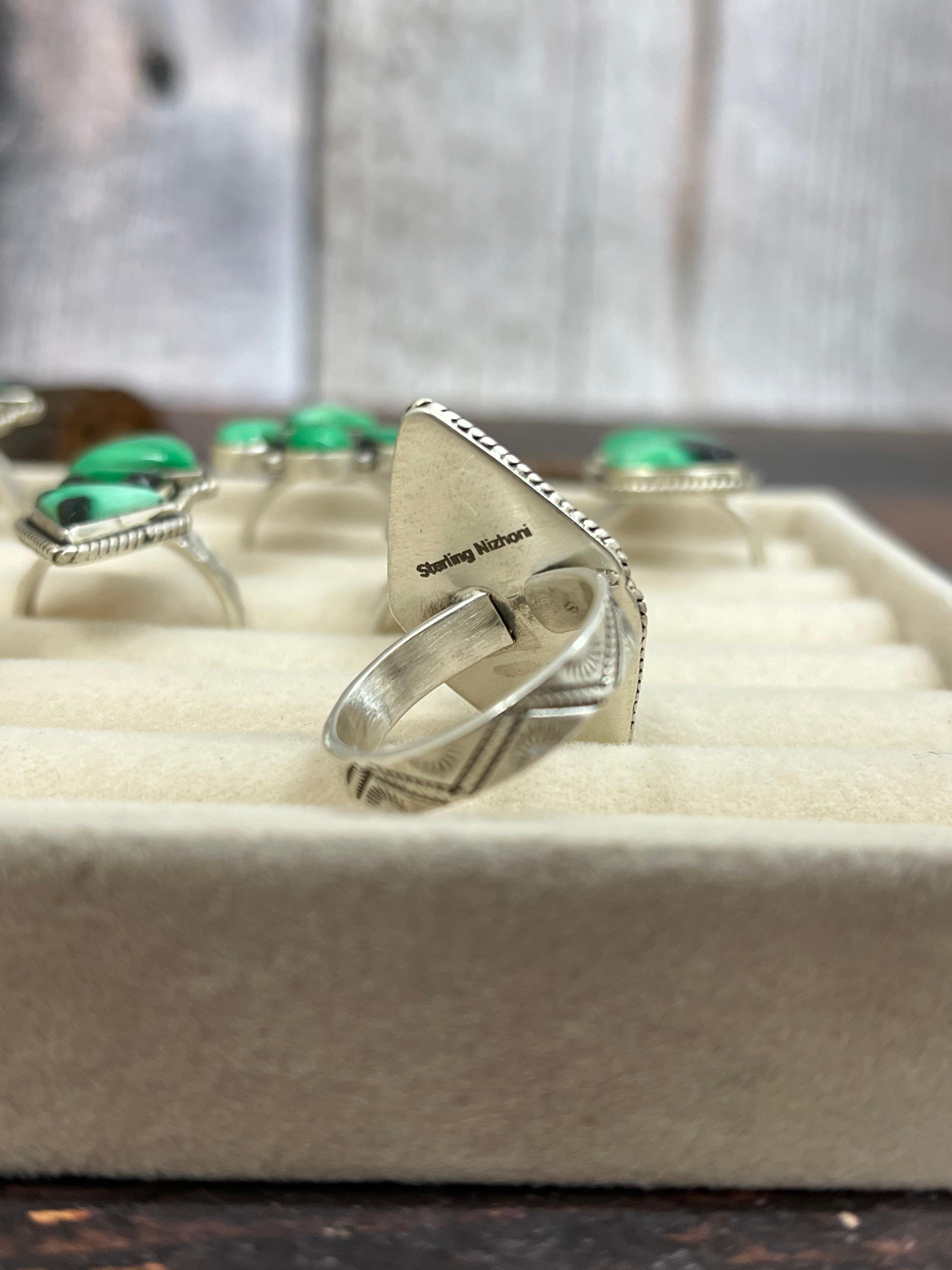 Handmade Sterling Silver Emerald Rose Variscite Adjustable Ring Signed Nizhoni