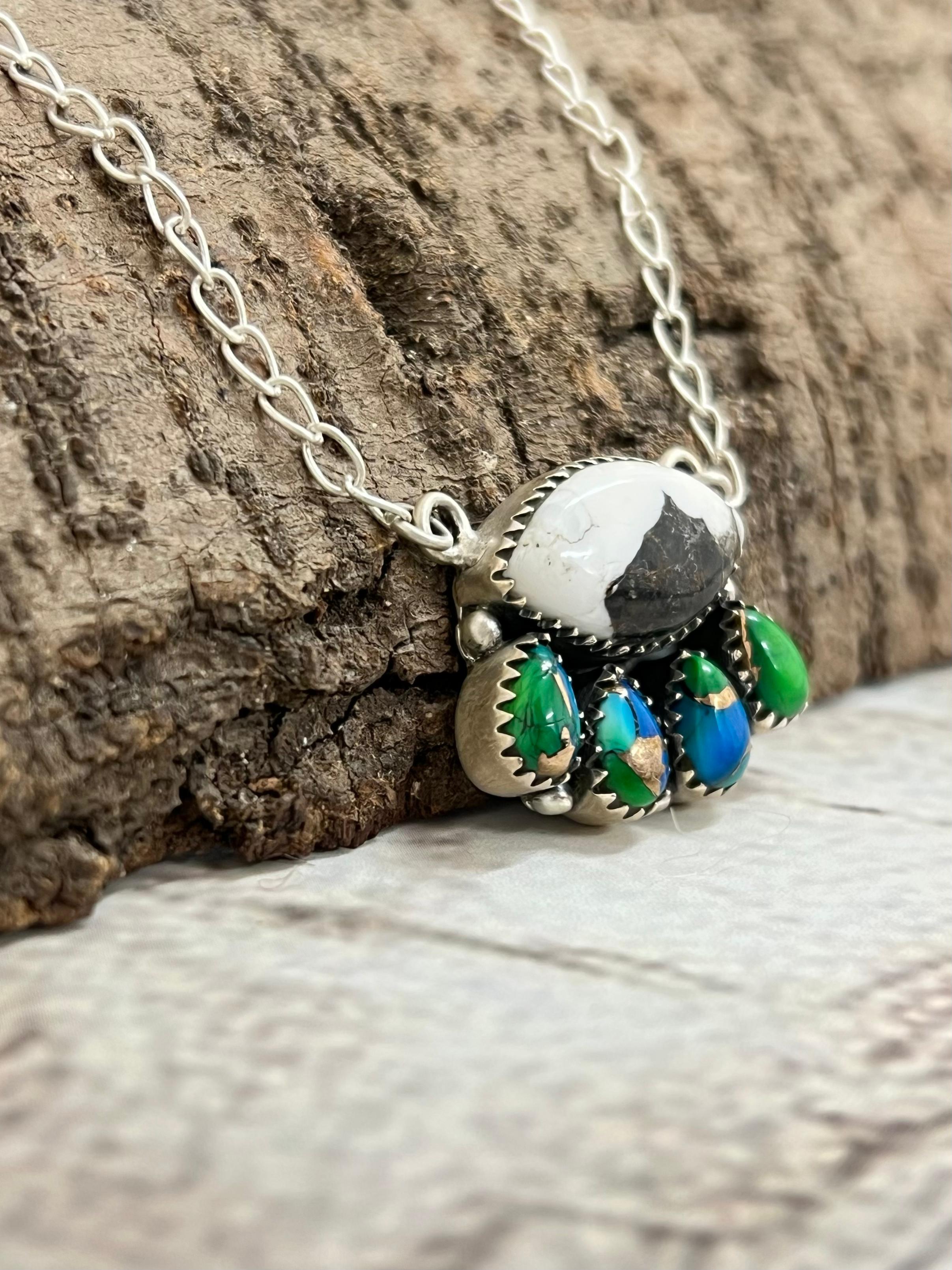 Handmade Sterling Silver White Buffalo with Peacock Dahlia Necklace with Signed Nizhoni