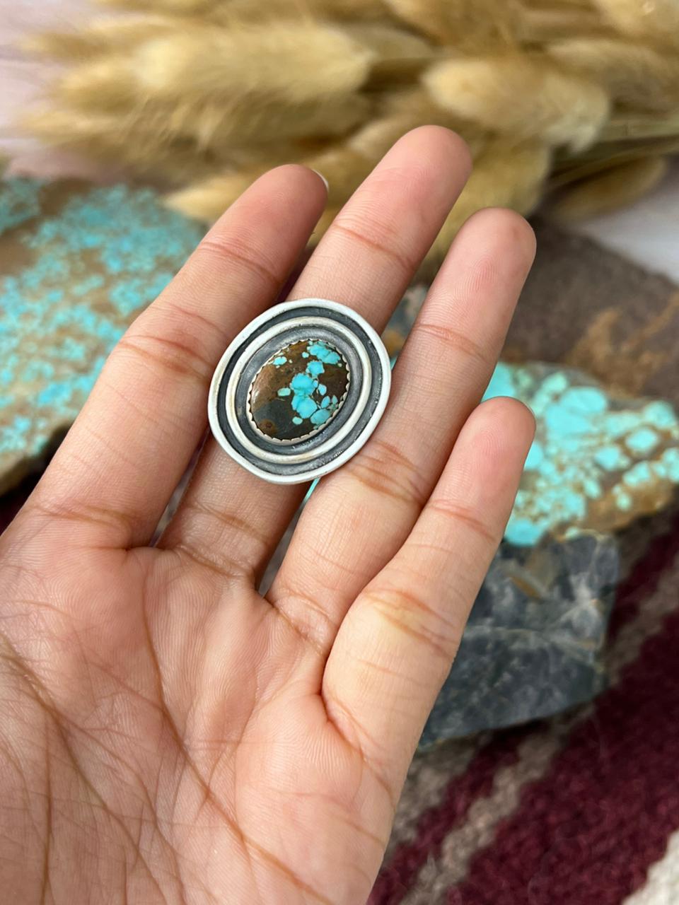 Handmade Sterling Silver Number 8 Turquoise Adjusatble Ring "Signed Nizhoni"