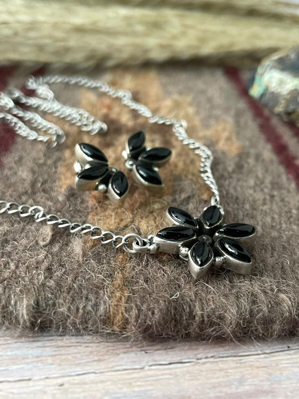 Handmade Sterling Silver Black Onyx Necklace Earrings Set "Signed Nizhoni"