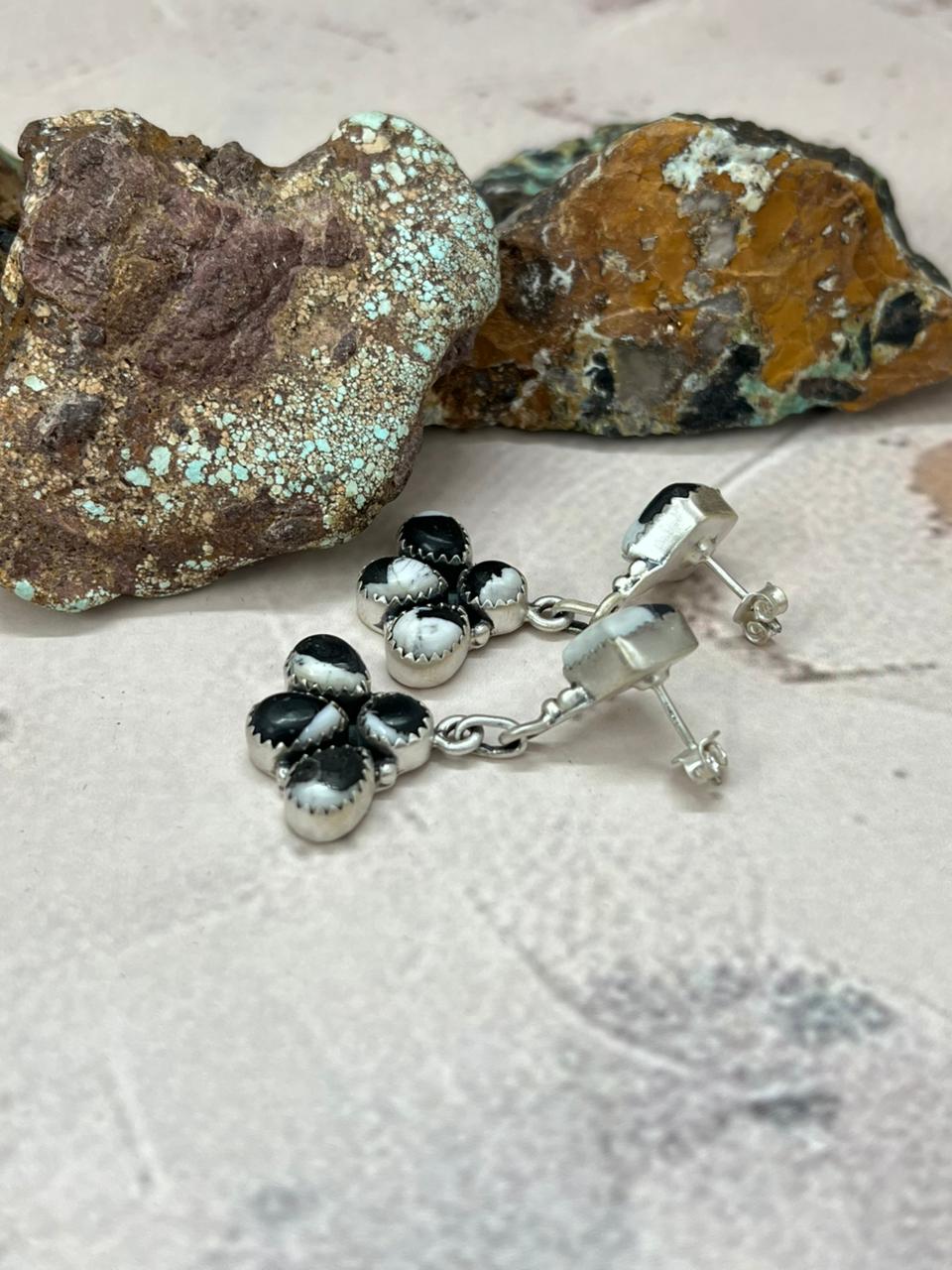 Handmade Sterling Silver White Buffalo Post Dangle Earrings "Signed Nizhoni"