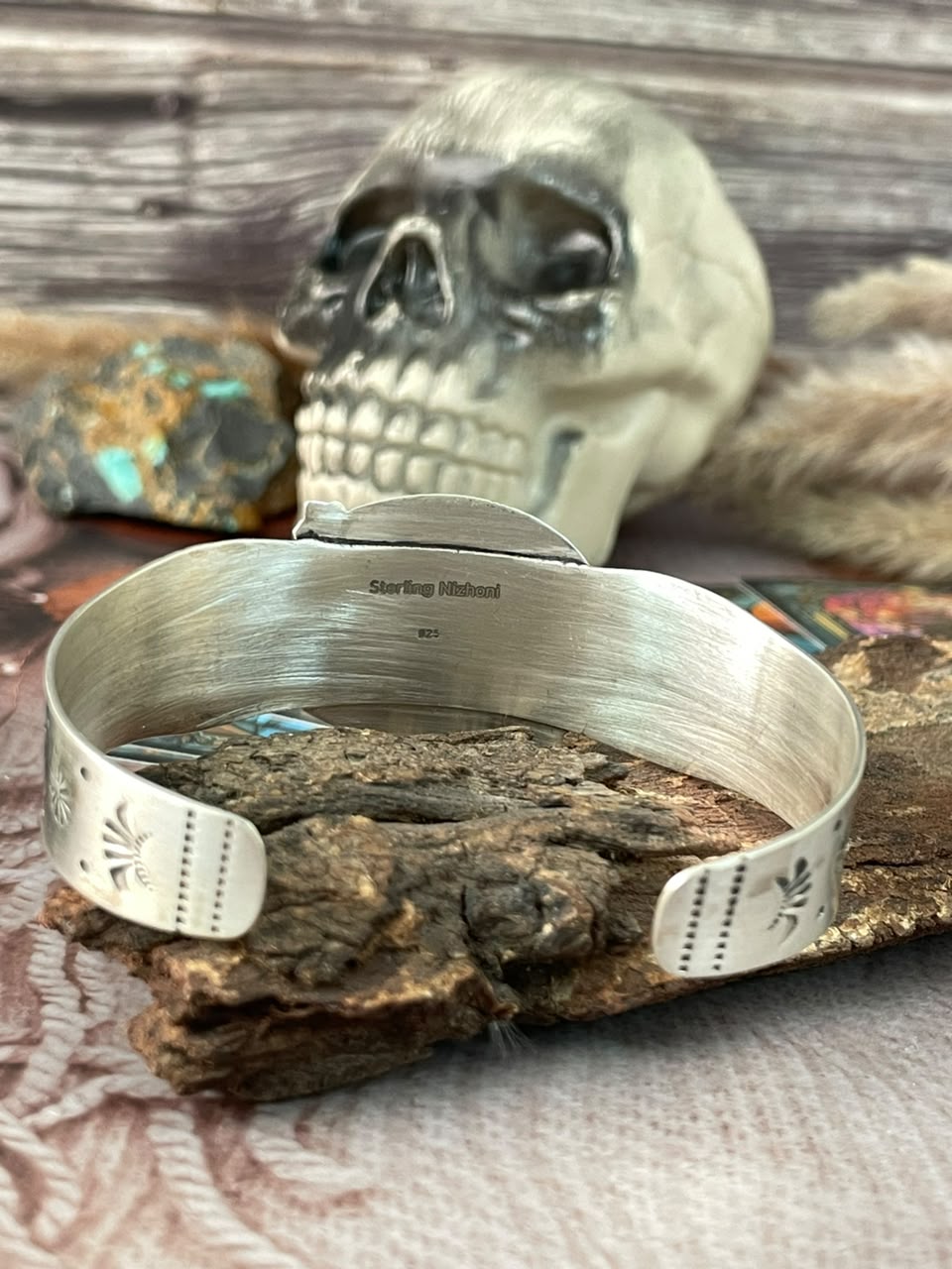 Handmade Sterling Silver Kingman Turquoise Halloween Collection: Cuff Bracelet Signed Nizhoni