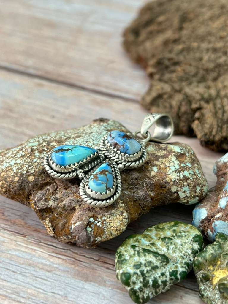 Handmade Sterling Silver Golden Hills Turquoise Pendant with Signed Nizhoni