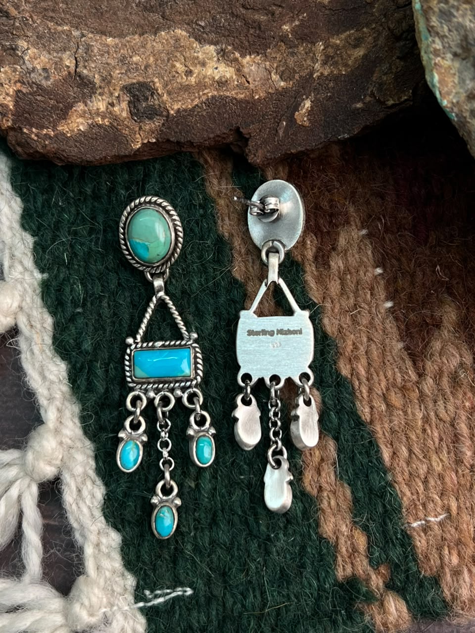 Handmade Sterling Silver Kingman Turquoise Post Dangle Earrings Signed Nizhoni