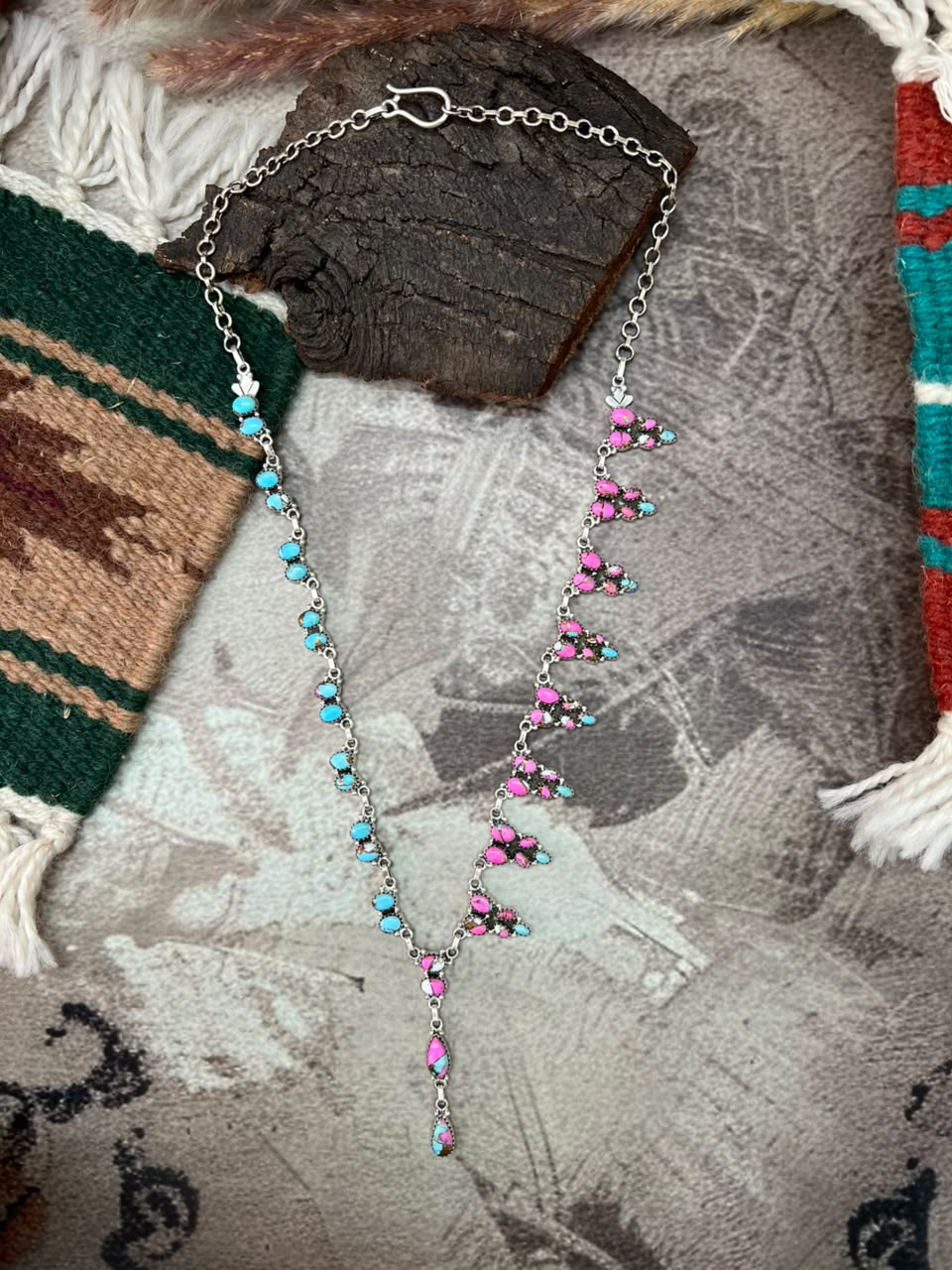 Handmade Sterling Silver Cotton Candy 'Y Shaped' Necklace Signed Nizhoni