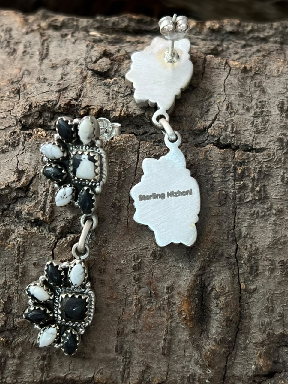 Handmade Sterling Silver White Buffalo Post Dangle Earrings Signed Nizhoni