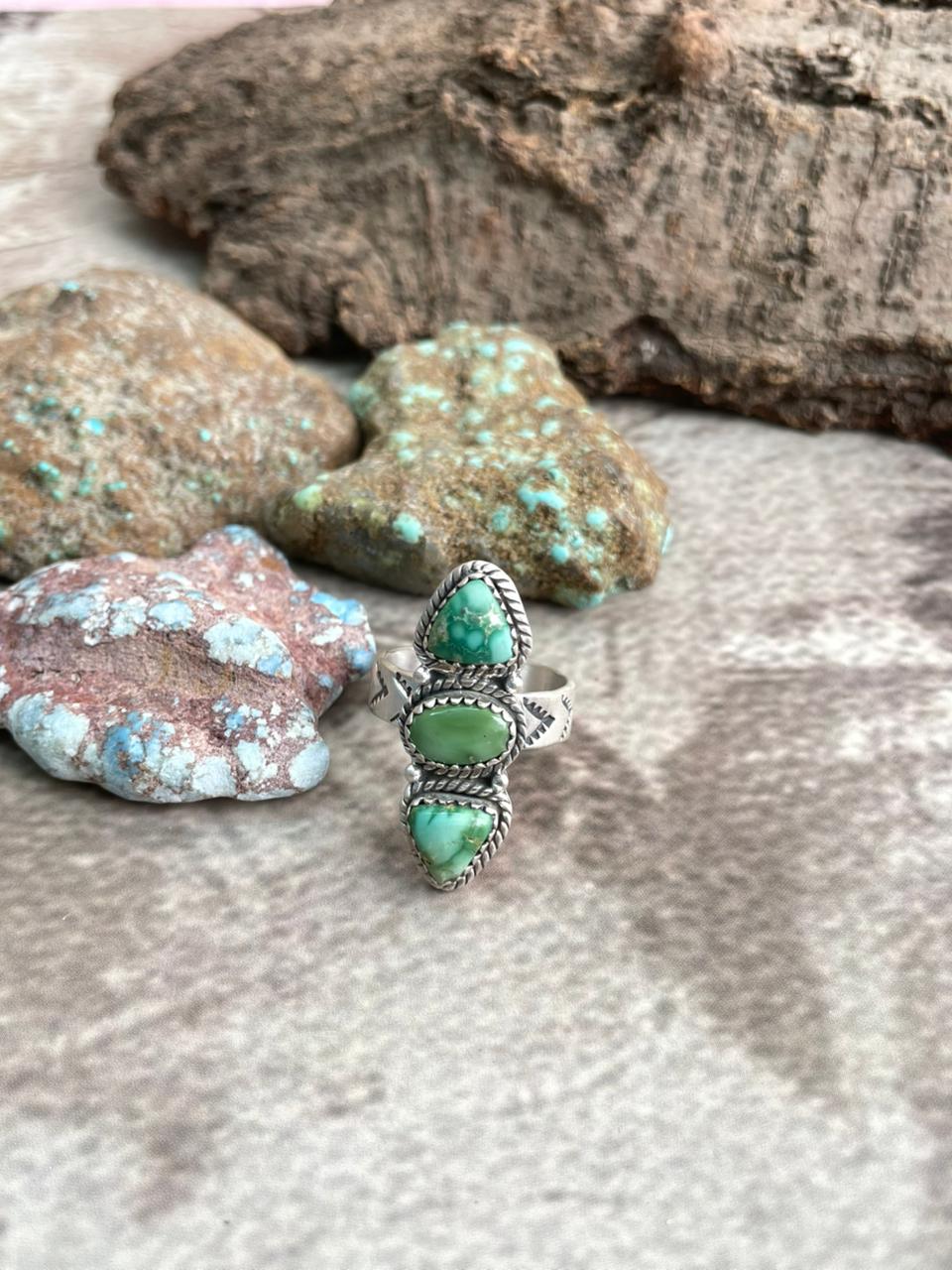 Handmade Sterling Silver Emerald Valley Turquoise Adjustable Ring with Signed Nizhoni