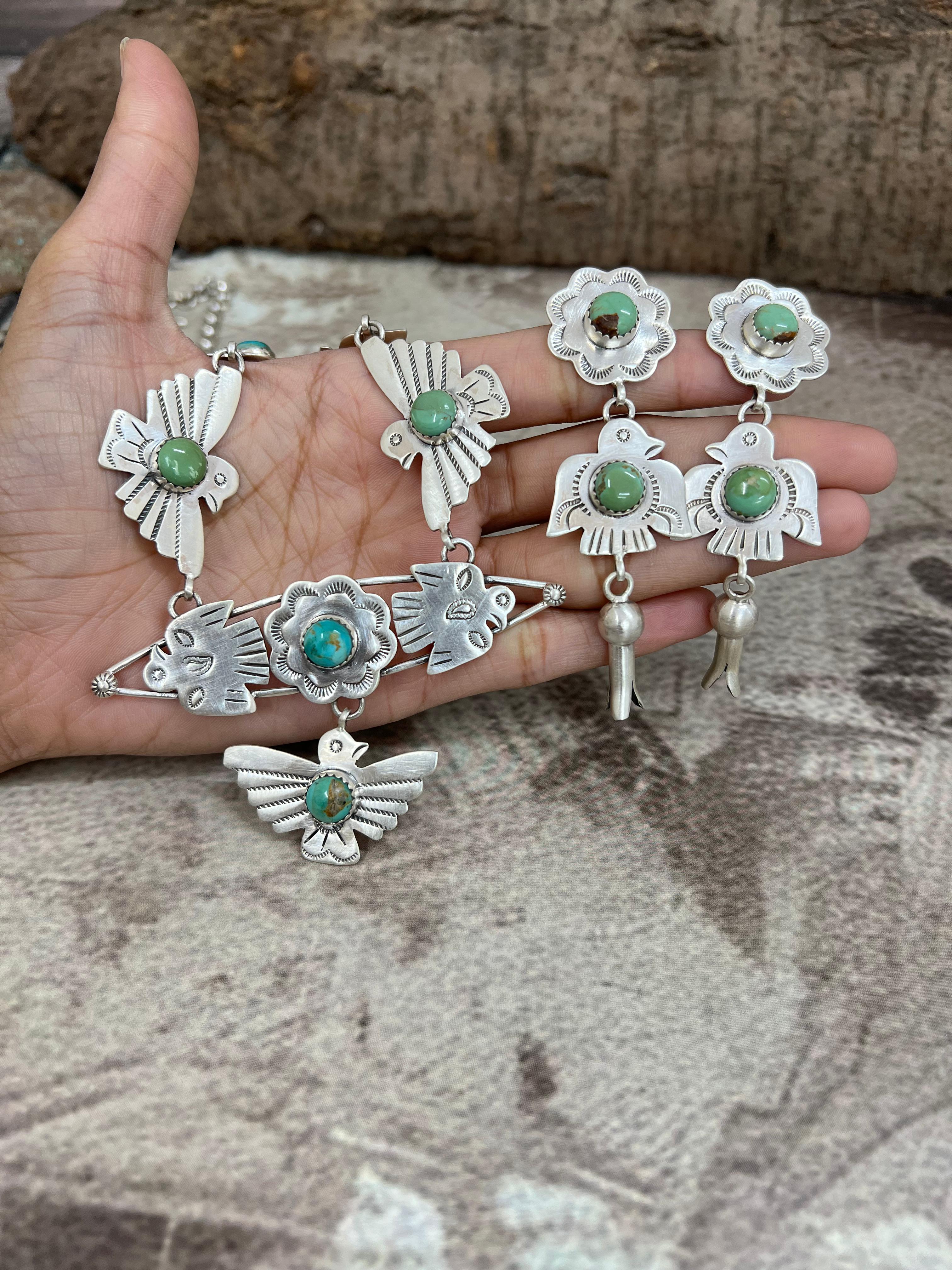 Handmade Sterling Silver Kingman Turquoise Necklace Earrings Set with Signed Nizhoni (1)