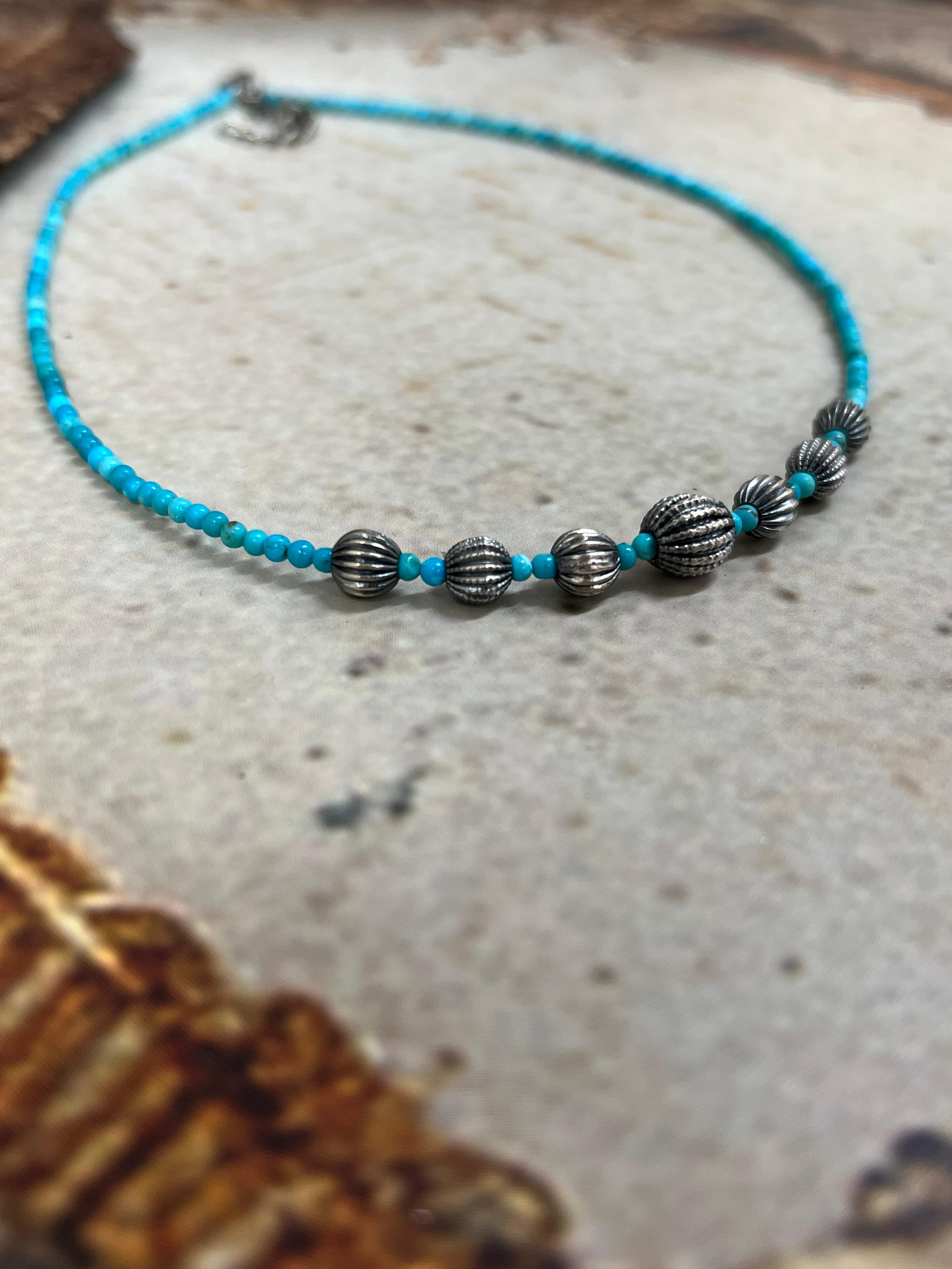 Handmade Sterling Silver Kingman Turquoise Beaded Choker Necklace Signed Nizhoni