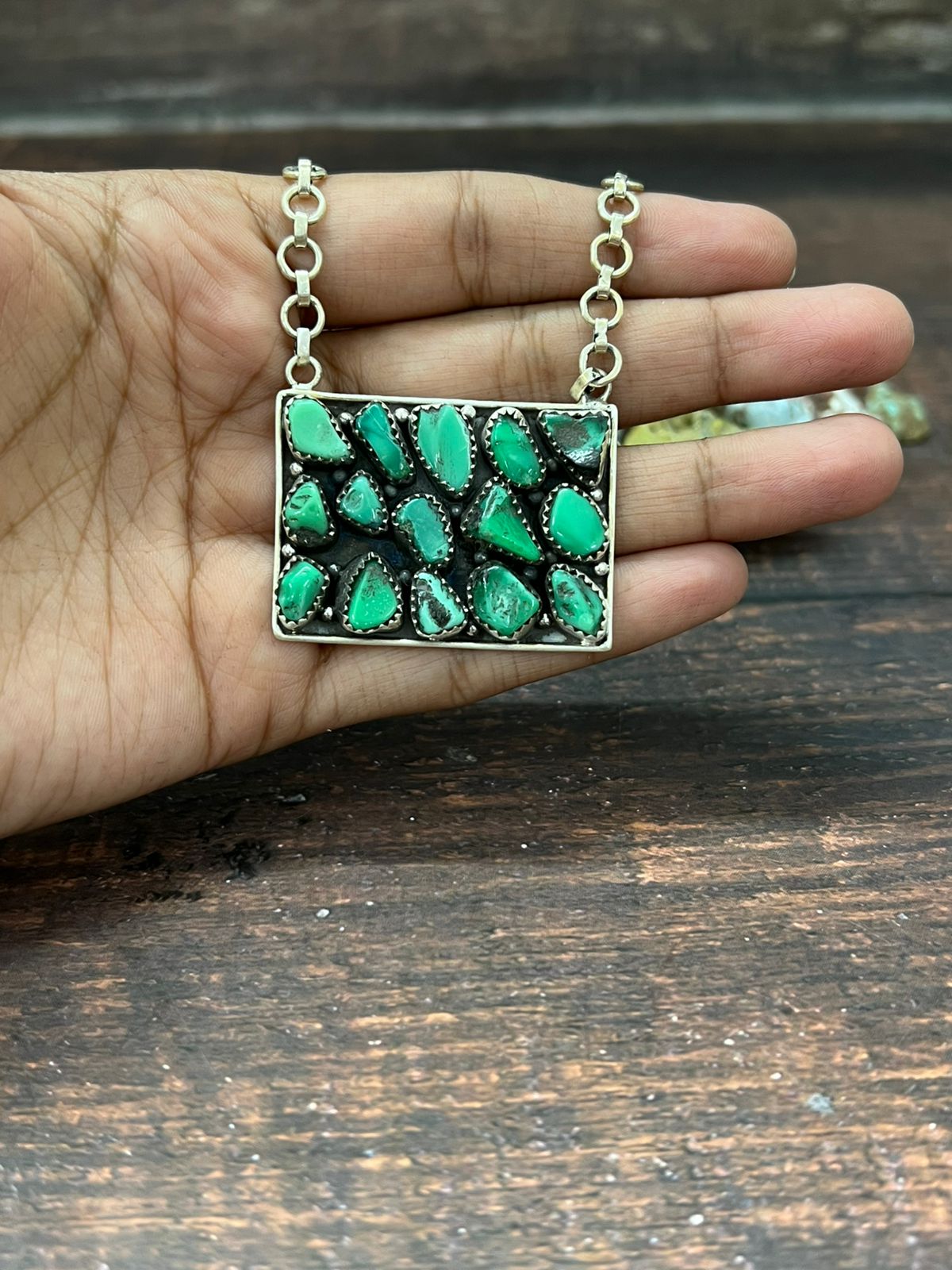 Handmade Sterling Silver Emerald Rose Necklace with Signed Nizhoni