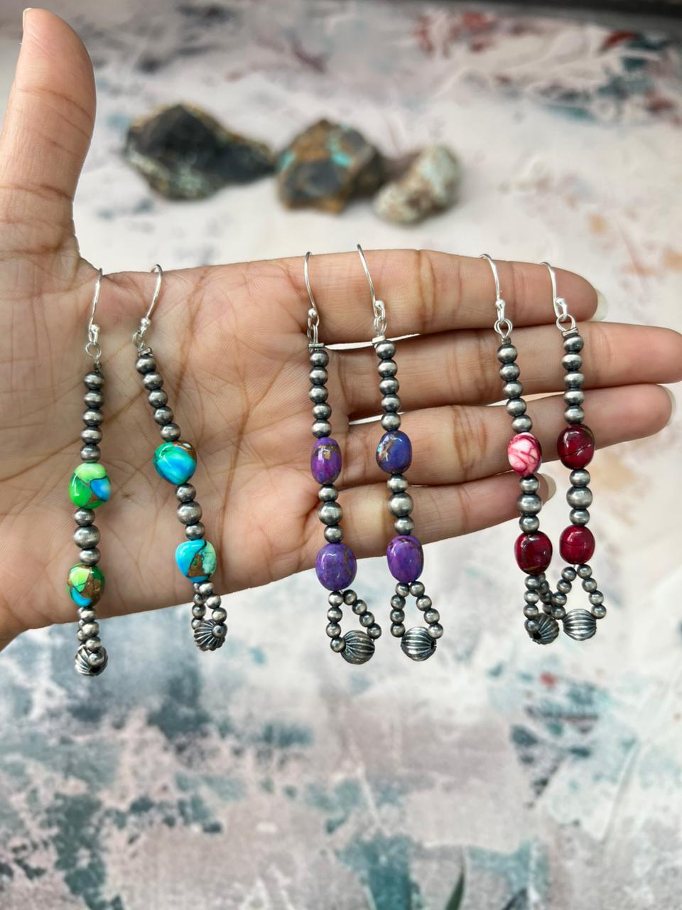 Handmade Sterling Silver Multistone Beaded Dangle Earrings "Signed Nizhoni"