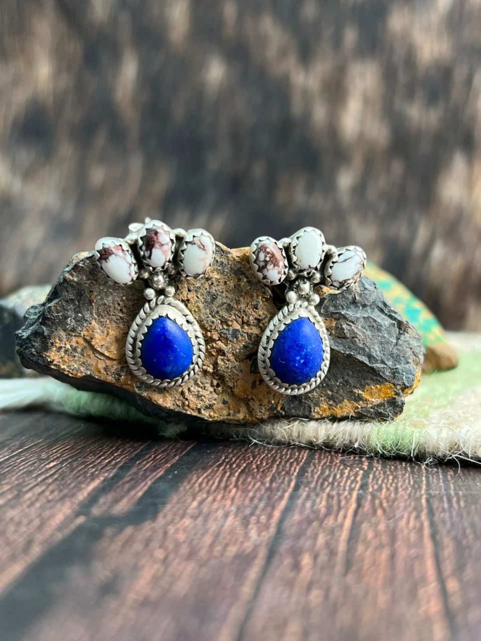 Handmade Sterling Silver Lapis with Wildhorse Magnesite Post Studs Earrings "Signed Nizhoni"