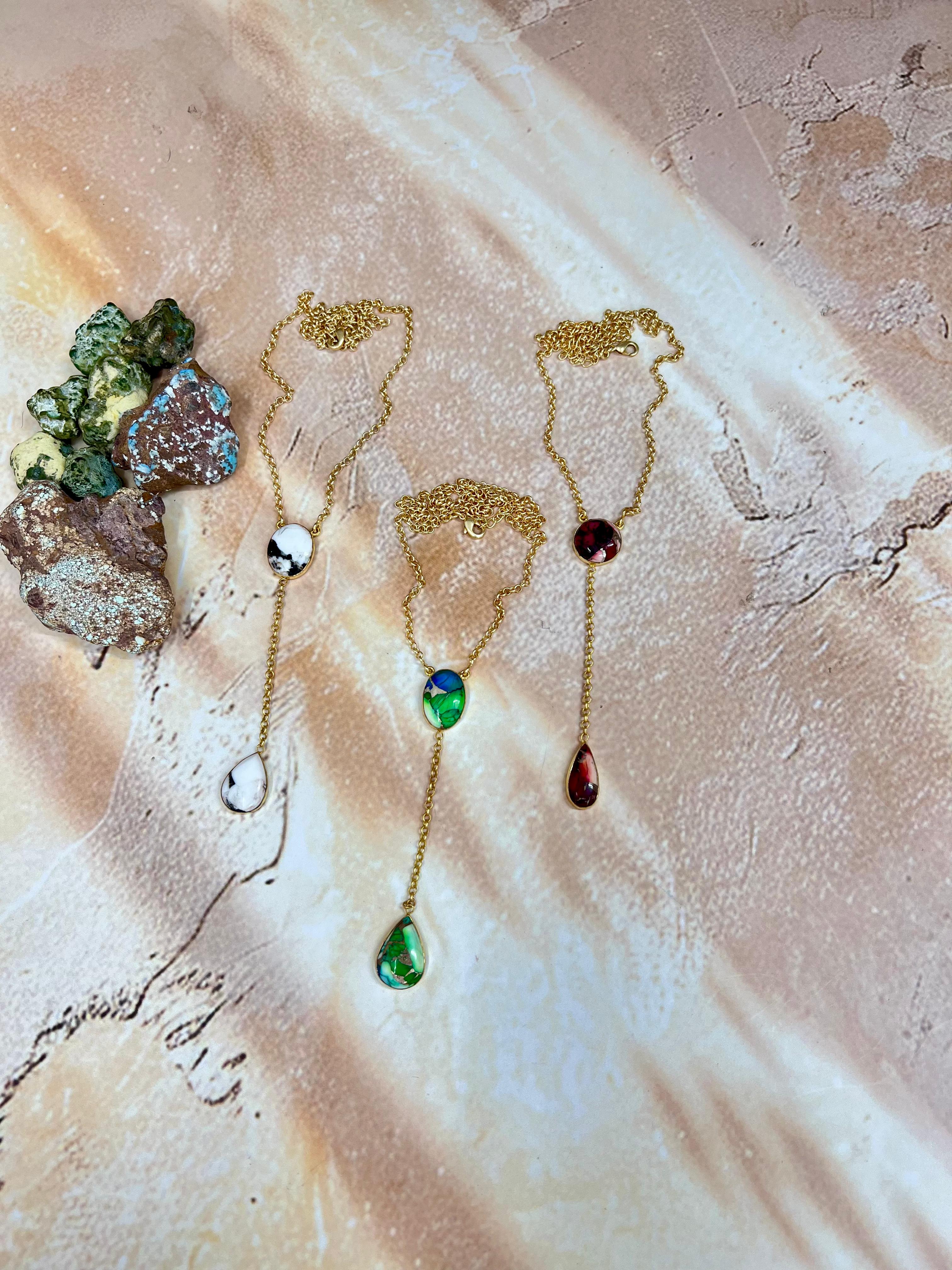 “The Golden Collection” Natural White Buffalo, Peacock Dahlia, Dahlia Rose Drop Necklace