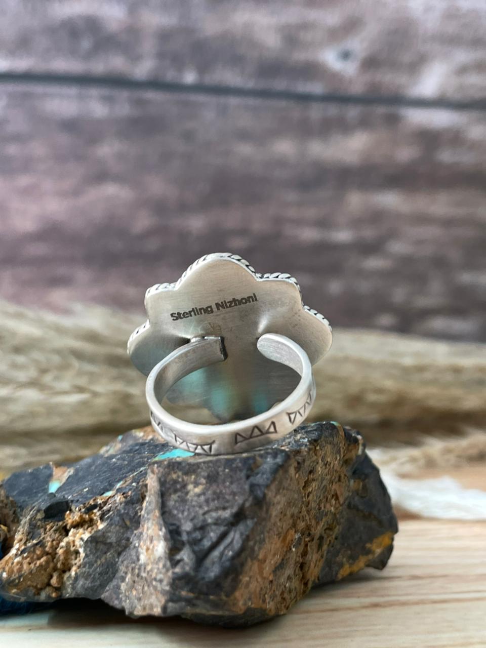Handmade Sterling Silver White Buffalo with Orange Mojave Adjustable Ring "Signed Nizhoni"