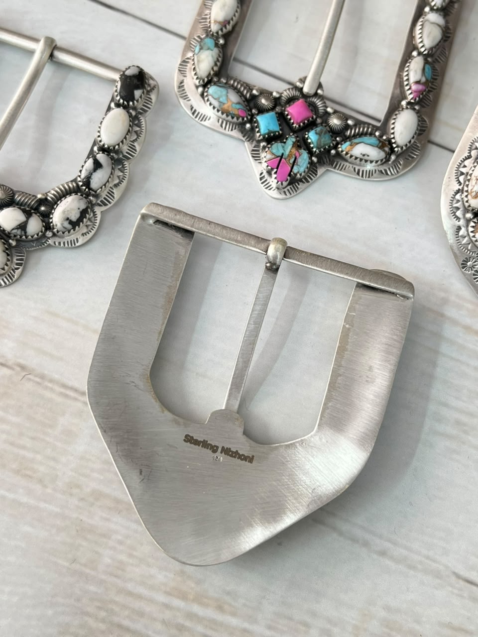 Handmade Sterling Silver Cotton Candy, White Buffalo, Kingman Turquoise and Wildhorse Magnesite Belt Buckle Signed Nizhoni