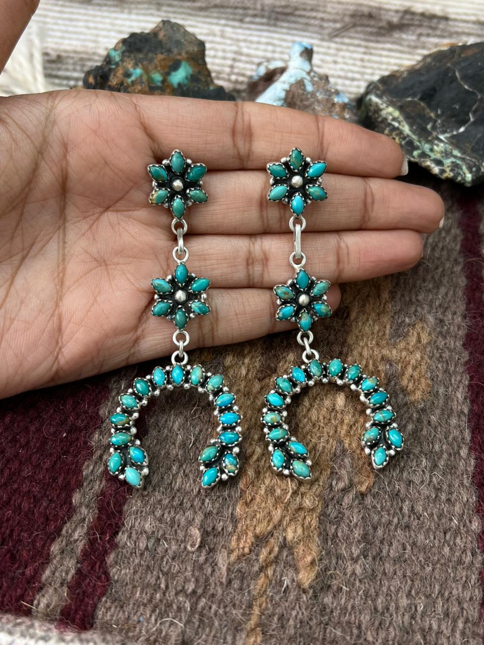Handmade Sterling Silver Kingman Turquoise Post Dangle Earrings "Signed Nizhoni"
